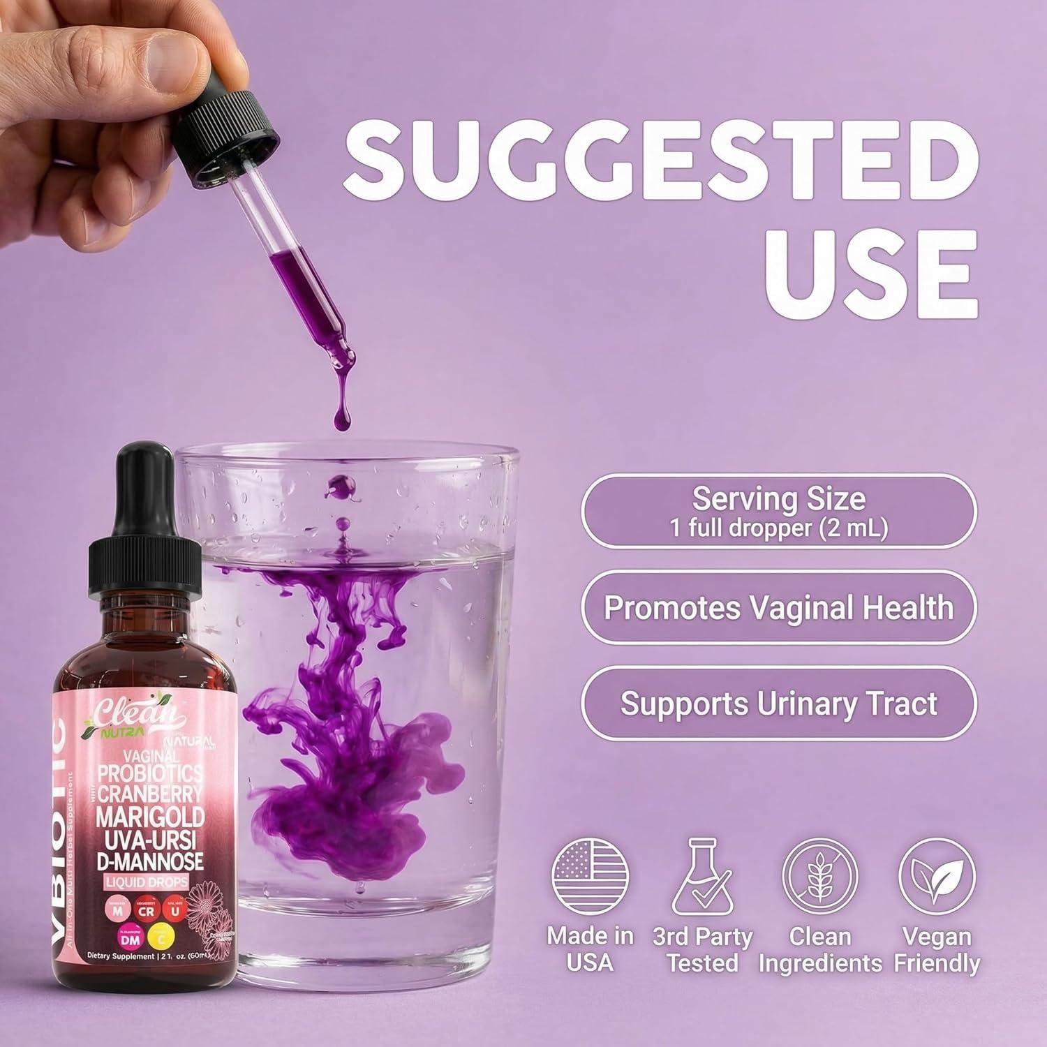 image:imageClean Nutraceuticals VBiotic Vaginal Probiotic for Women Liquid Drops Cranberry Uva Ursi Horsetail DMannose Prebiotics Marigold amp Black Cohosh Vaginal Health Supplement pH Balance2
