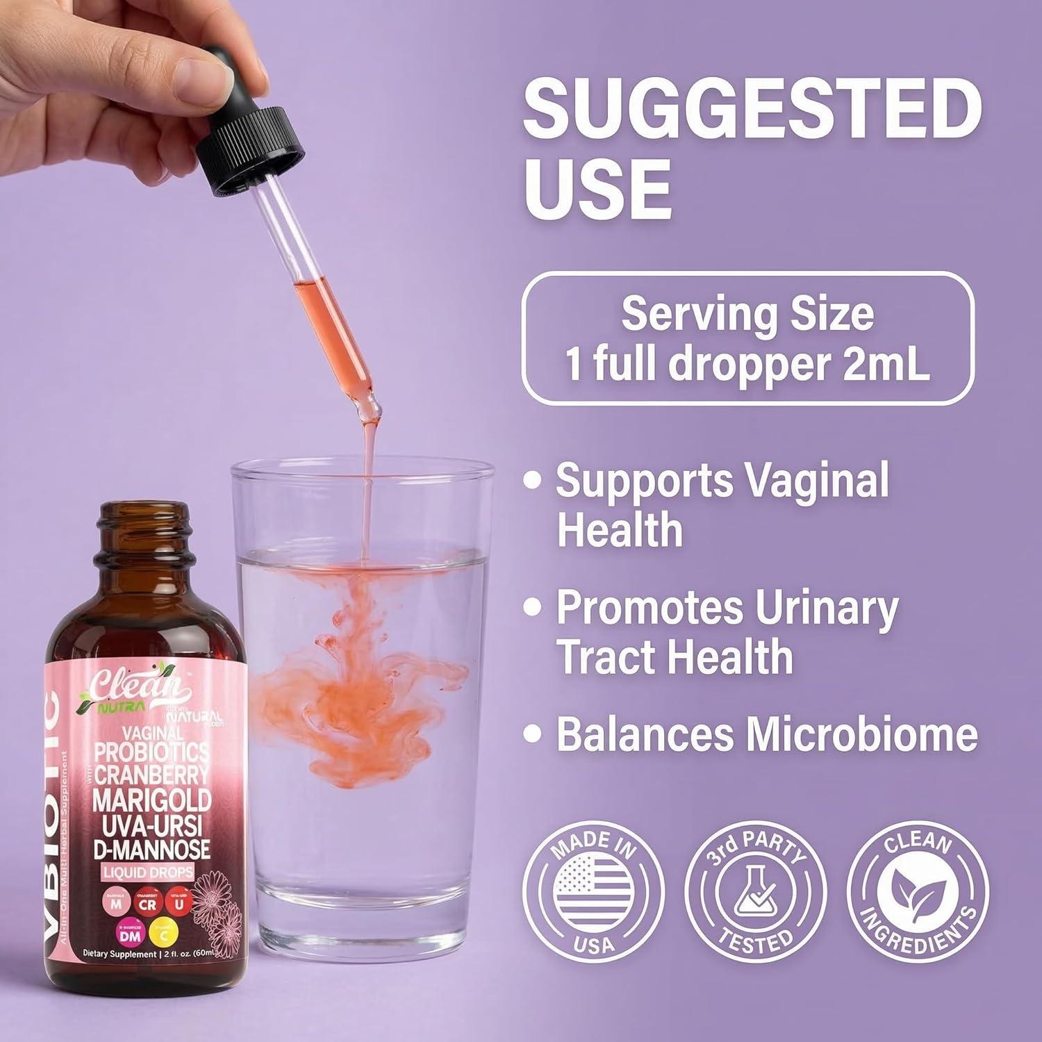 image:imageClean Nutraceuticals VBiotic Vaginal Probiotic for Women Liquid Drops Cranberry Uva Ursi Horsetail DMannose Prebiotics Marigold amp Black Cohosh Vaginal Health Supplement pH Balance1
