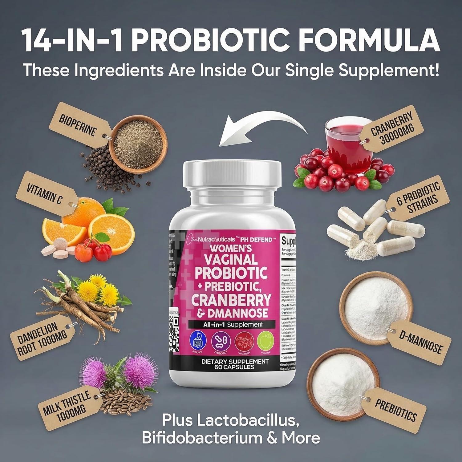 image:imageClean Nutraceuticals Vaginal Probiotics for Women with Cranberry DMannose Prebiotics pH Balance Support Feminine Health Urinary Tract Cleanse Capsule Alternative to Gummies 60 Count1