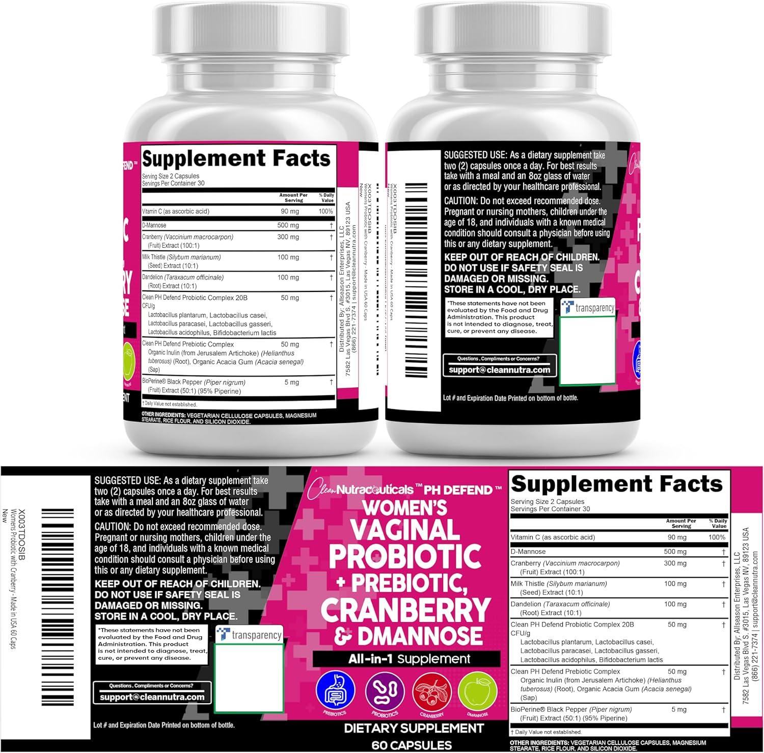 image:imageClean Nutraceuticals Vaginal Probiotics for Women with Cranberry DMannose Prebiotics pH Balance Support Feminine Health Urinary Tract Cleanse Capsule Alternative to Gummies 60 Count2