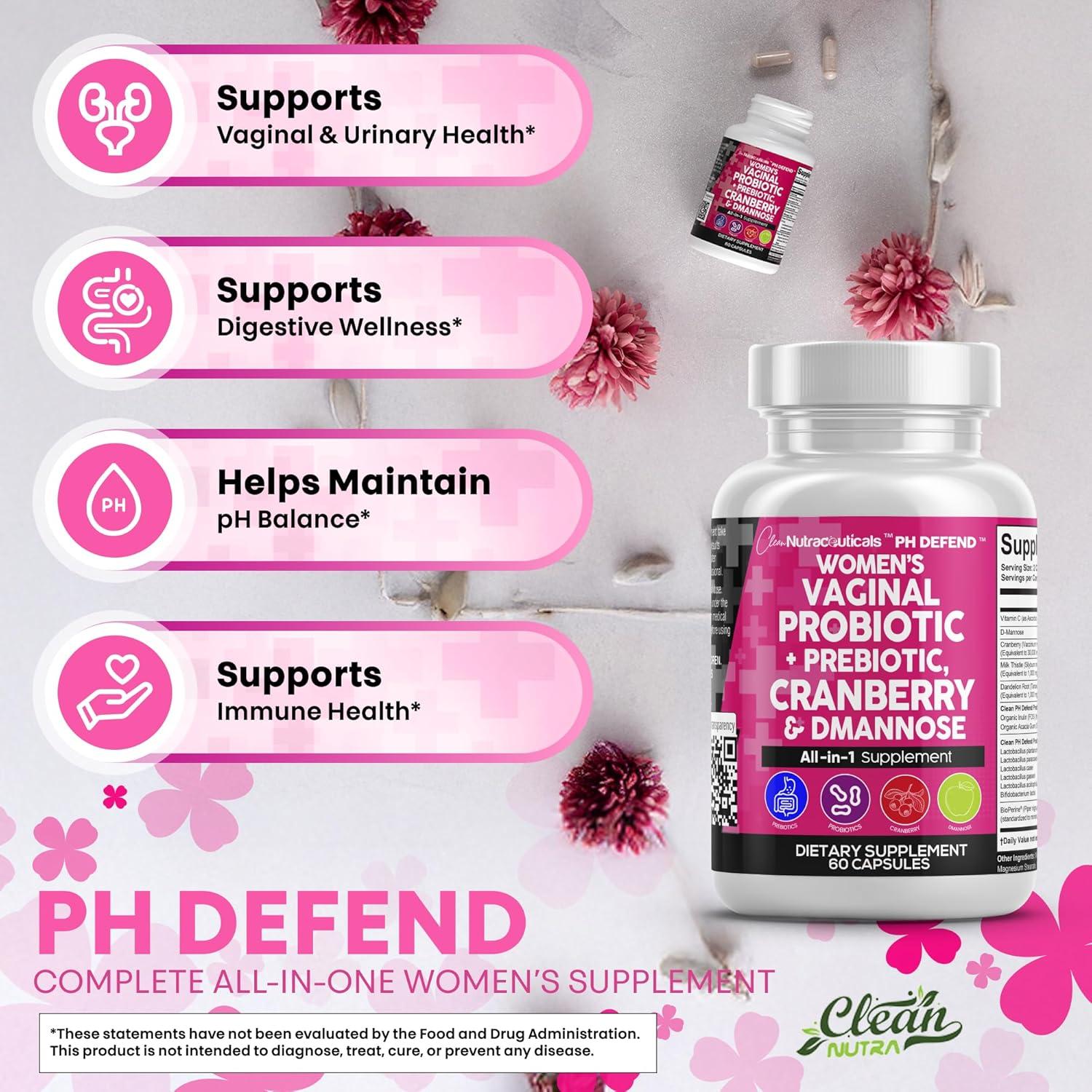 image:imageClean Nutraceuticals Vaginal Probiotics for Women with Cranberry DMannose Prebiotics pH Balance Support Feminine Health Urinary Tract Cleanse Capsule Alternative to Gummies 60 Count2