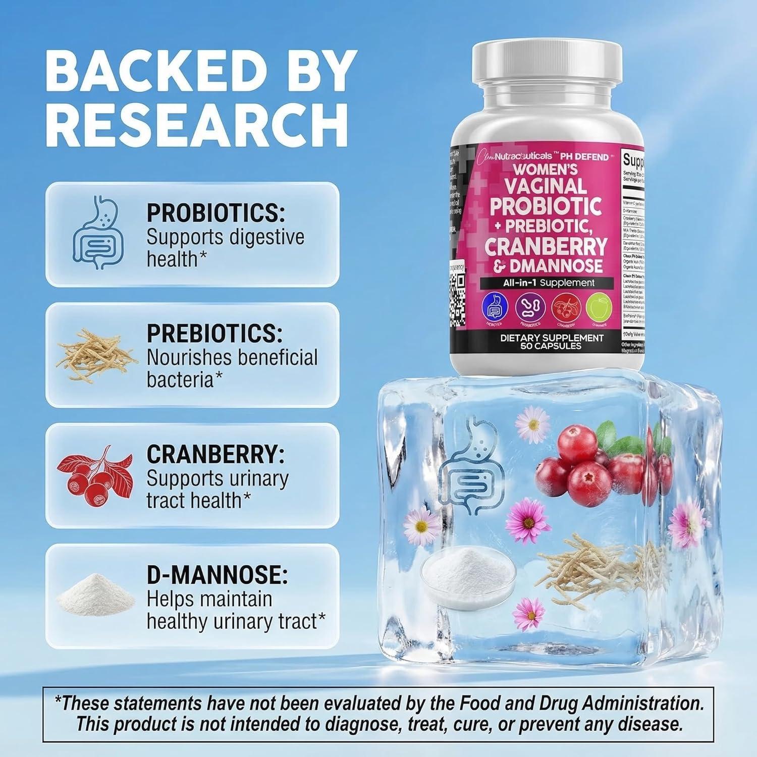 image:imageClean Nutraceuticals Vaginal Probiotics for Women with Cranberry DMannose Prebiotics pH Balance Support Feminine Health Urinary Tract Cleanse Capsule Alternative to Gummies 60 Count1