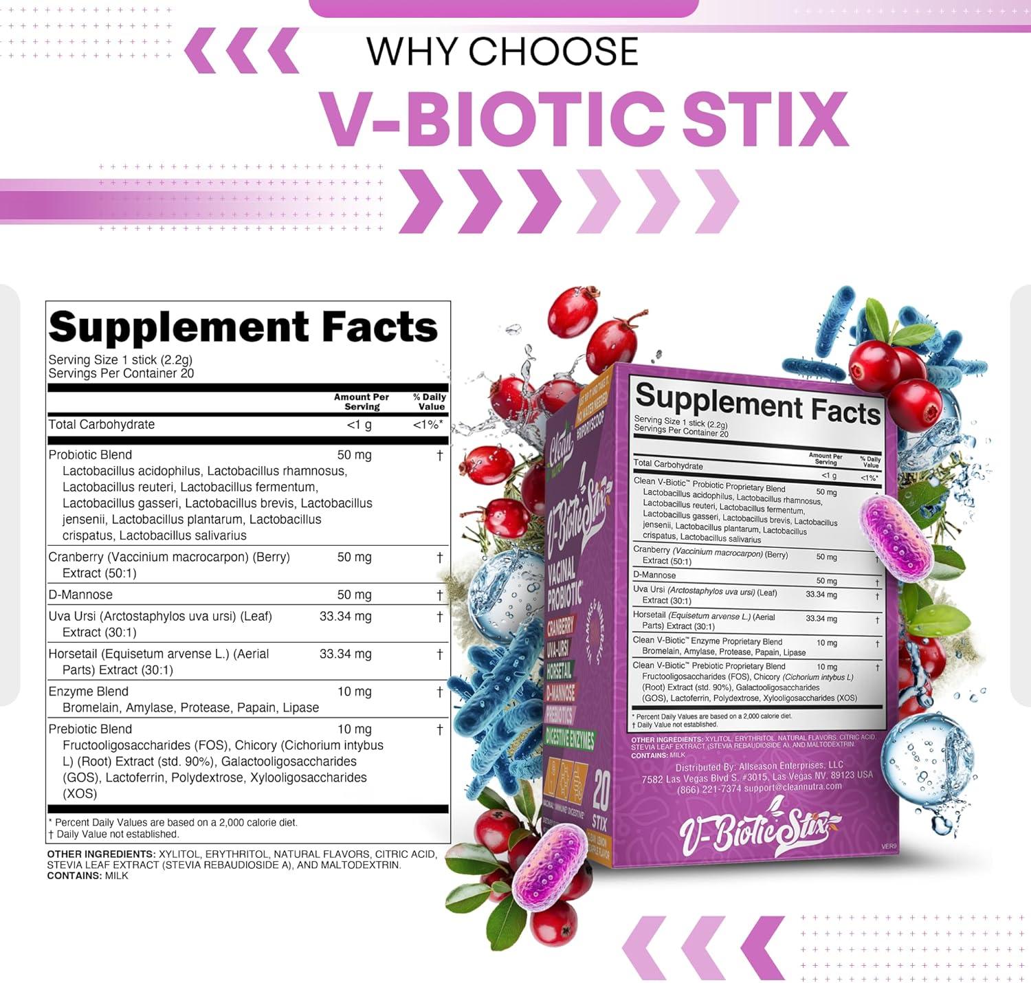 image:imageClean Nutraceuticals Vaginal Probiotics for Women with Cranberry Extract DMannose Prebiotics pH Balance for Women Vaginal Health Womens Probiotic Alternative to Gummies 20 Stix1