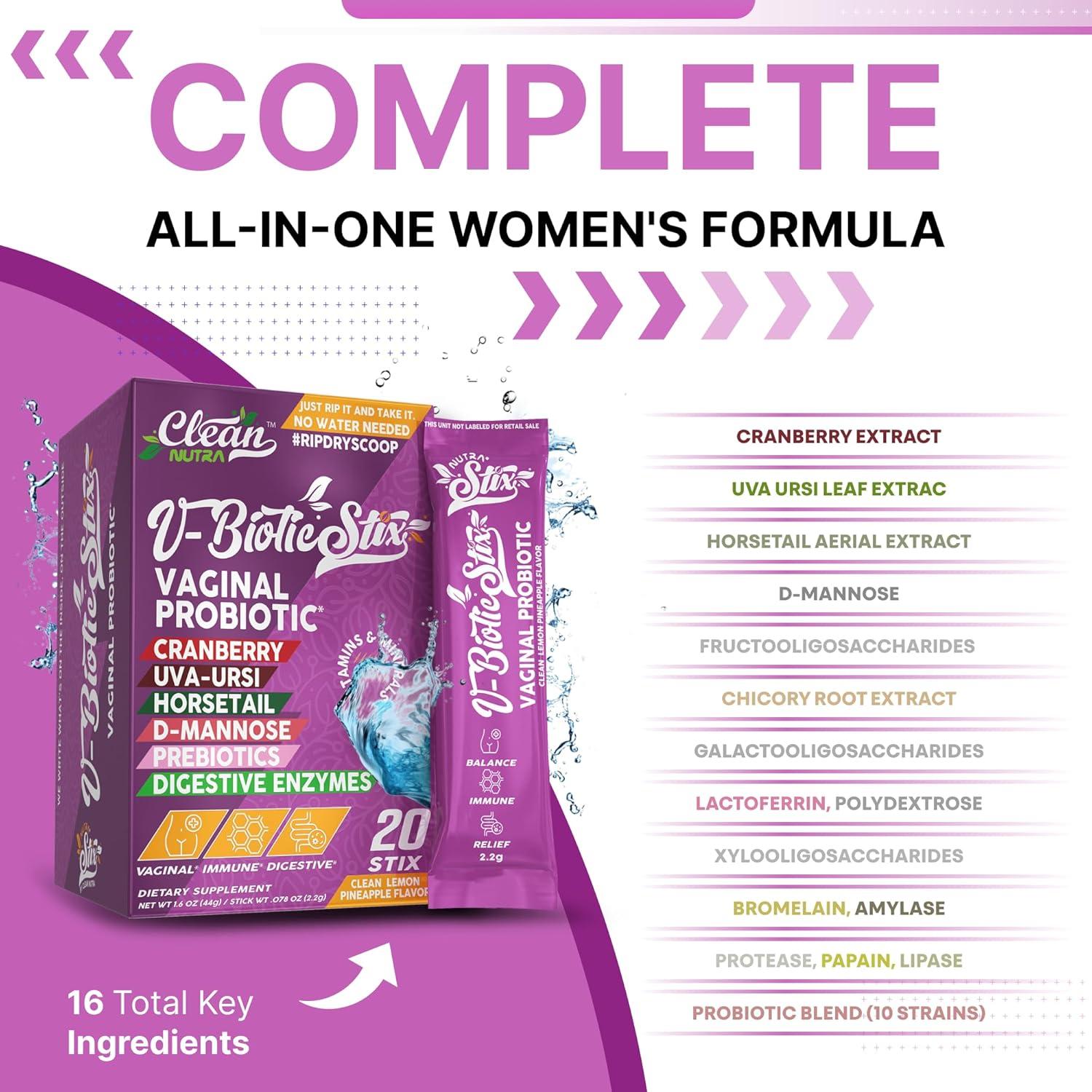 image:imageClean Nutraceuticals Vaginal Probiotics for Women with Cranberry Extract DMannose Prebiotics pH Balance for Women Vaginal Health Womens Probiotic Alternative to Gummies 20 Stix1
