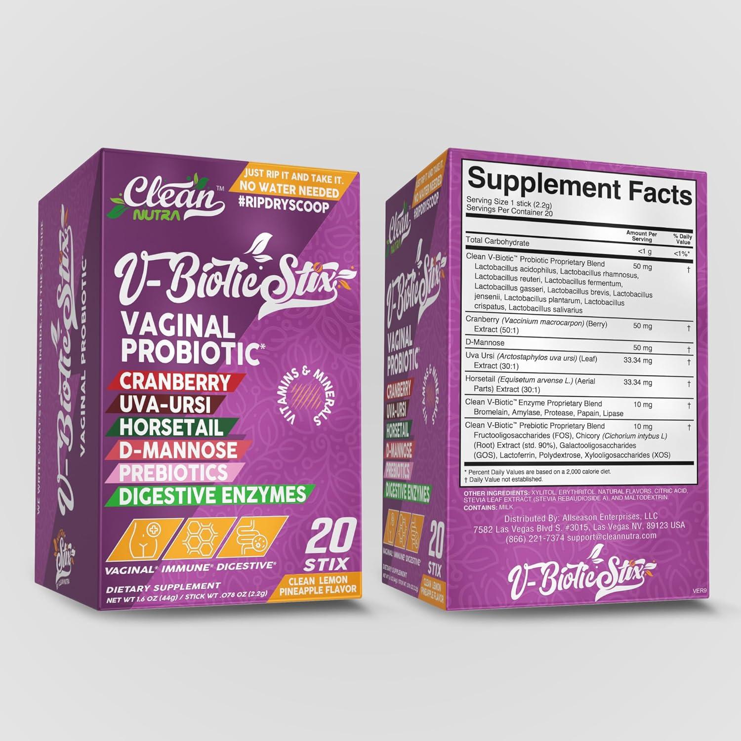 image:imageClean Nutraceuticals Vaginal Probiotics for Women with Cranberry Extract DMannose Prebiotics pH Balance for Women Vaginal Health Womens Probiotic Alternative to Gummies 20 Stix1