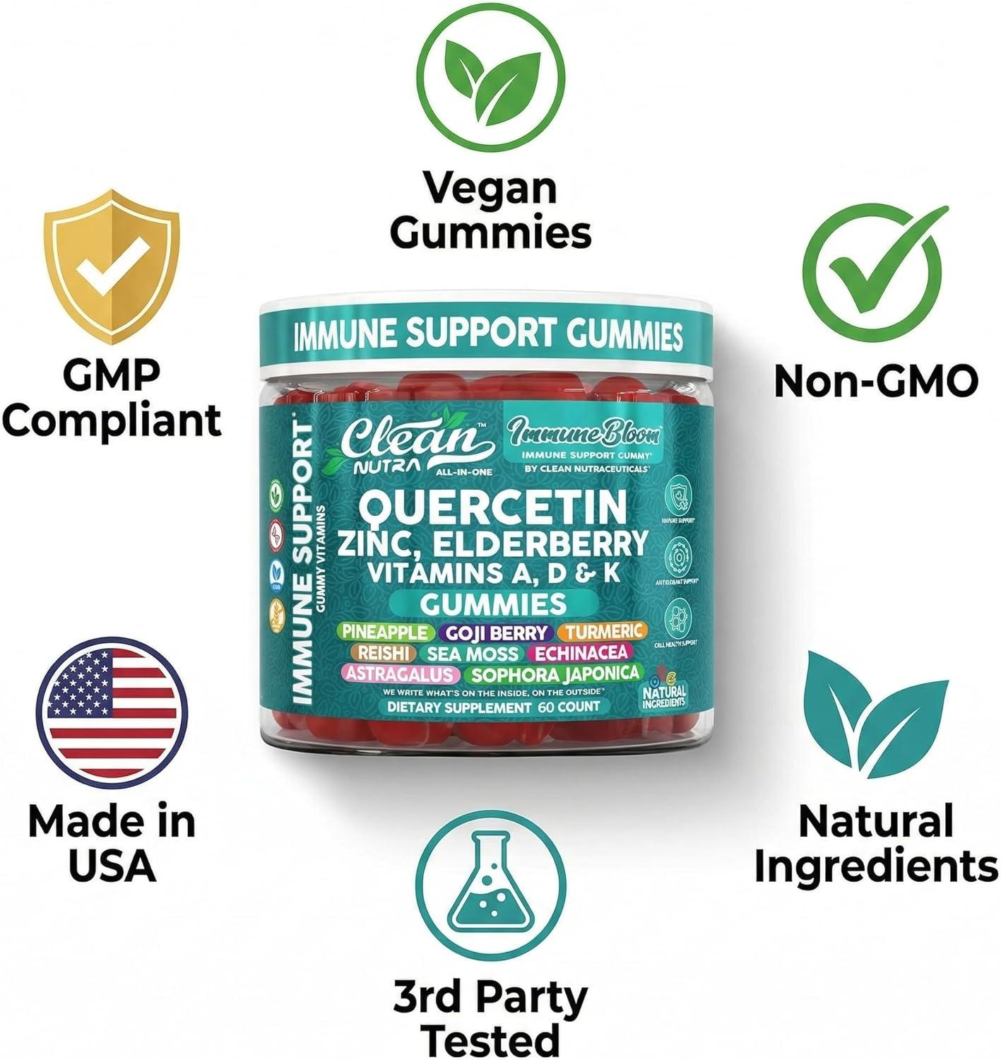 image:imageClean Quercetin Elderberry Immune Support Gummies Zinc Vitamin K2 D3 A Bromelain Goji Berry Turmeric Sea Moss Echinacea Astragalus Selenium Olive Leaf Immunity Supplement Gummy Vitamins
