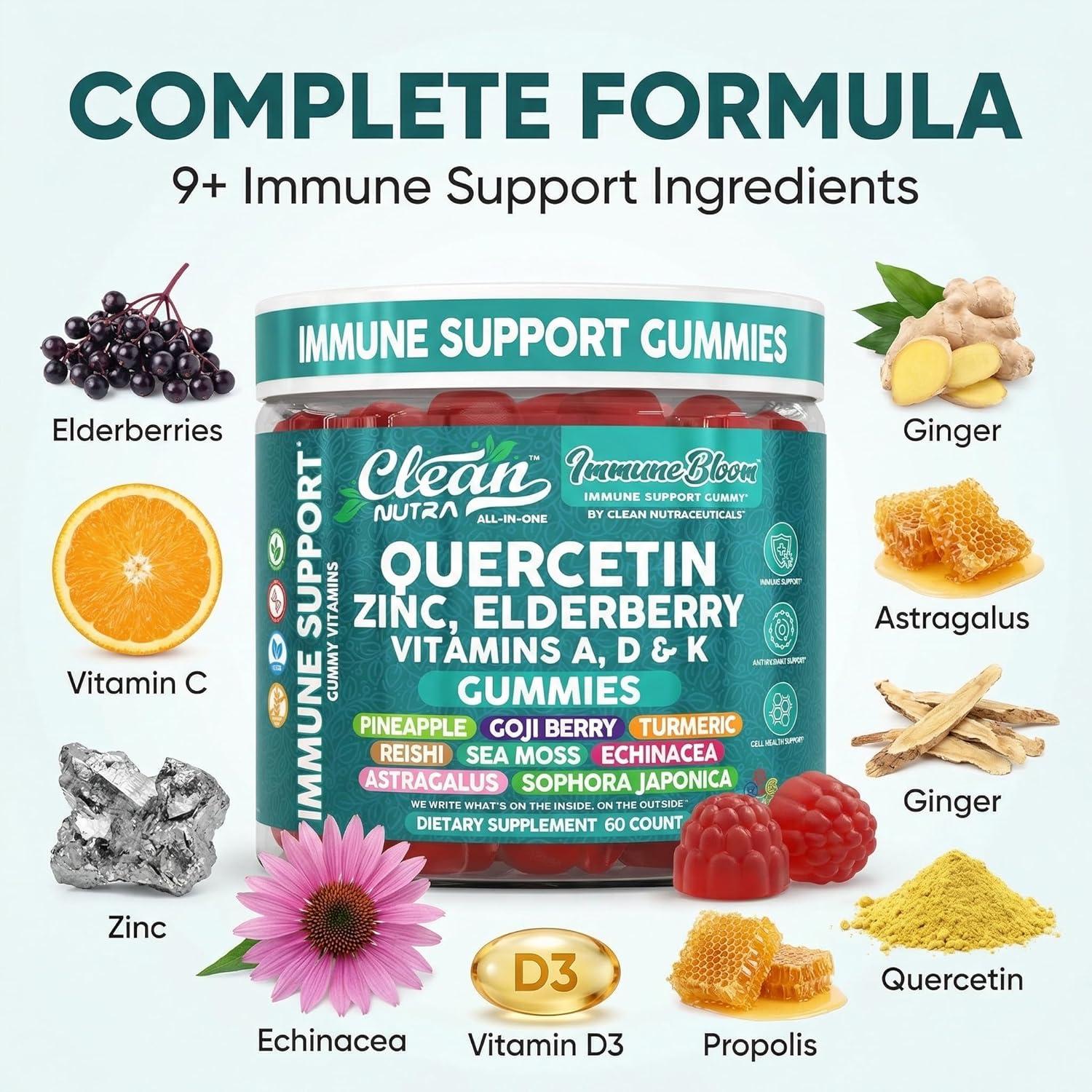 image:imageClean Quercetin Elderberry Immune Support Gummies Zinc Vitamin K2 D3 A Bromelain Goji Berry Turmeric Sea Moss Echinacea Astragalus Selenium Olive Leaf Immunity Supplement Gummy Vitamins