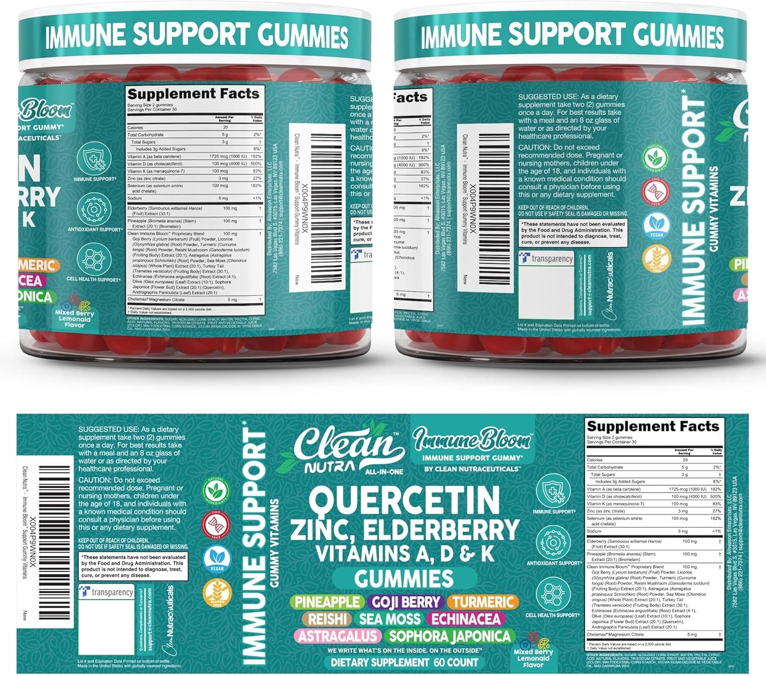 image:imageClean Quercetin Elderberry Immune Support Gummies Zinc Vitamin K2 D3 A Bromelain Goji Berry Turmeric Sea Moss Echinacea Astragalus Selenium Olive Leaf Immunity Supplement Gummy Vitamins