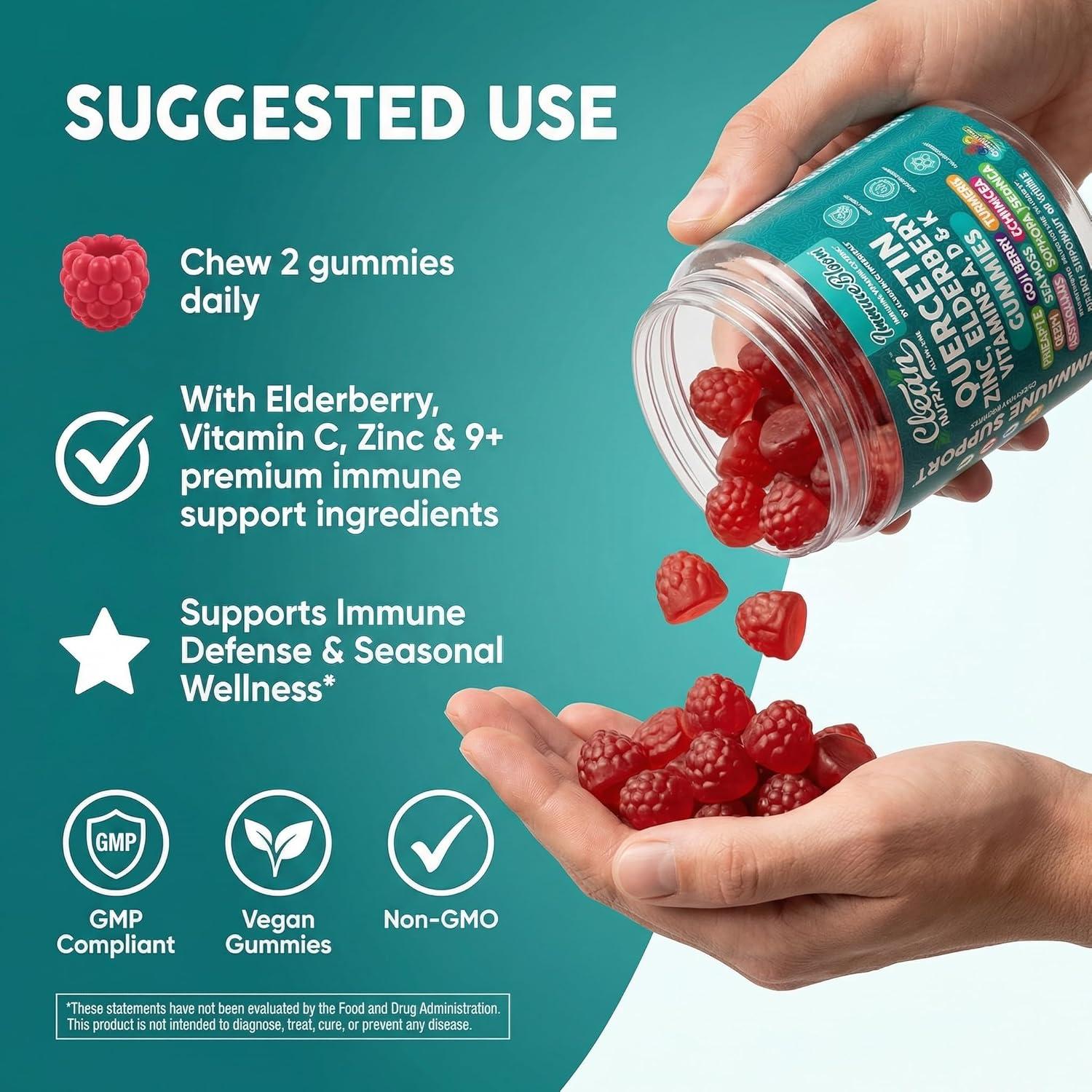 image:imageClean Quercetin Elderberry Immune Support Gummies Zinc Vitamin K2 D3 A Bromelain Goji Berry Turmeric Sea Moss Echinacea Astragalus Selenium Olive Leaf Immunity Supplement Gummy Vitamins