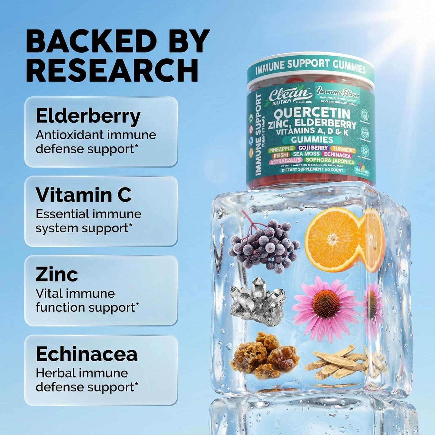 image:imageClean Quercetin Elderberry Immune Support Gummies Zinc Vitamin K2 D3 A Bromelain Goji Berry Turmeric Sea Moss Echinacea Astragalus Selenium Olive Leaf Immunity Supplement Gummy Vitamins