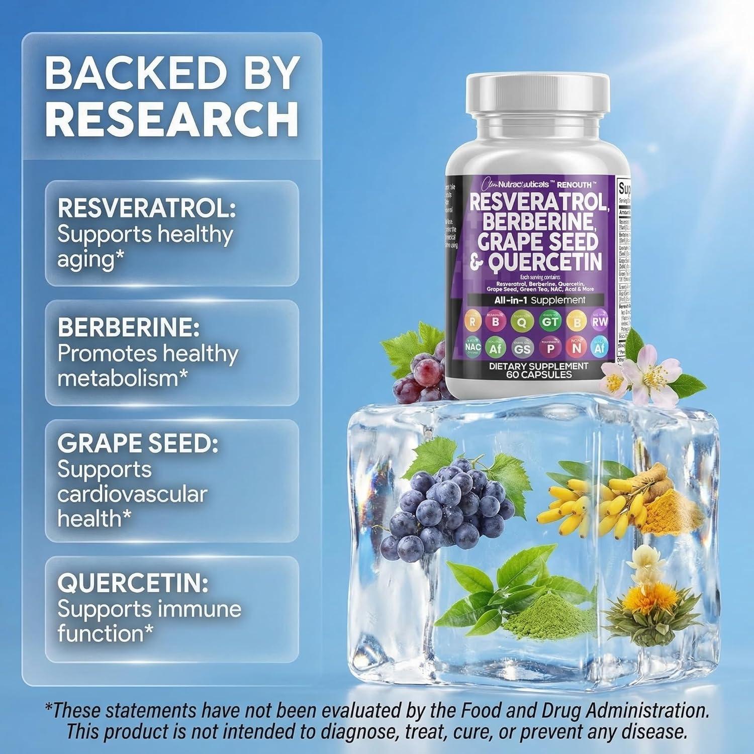image:imageClean Resveratrol Supplement Berberine Grape Seed Extract Quercetin Green Tea Extract Acai Noni Polyphenol Supplement for Women amp Men NAcetyl Cysteine60 Count Pack of 1