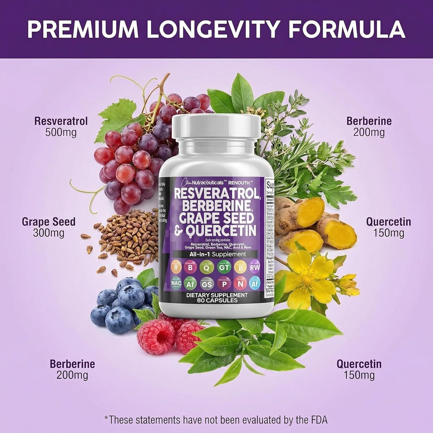 image:imageClean Resveratrol Supplement Berberine Grape Seed Extract Quercetin Green Tea Extract Acai Noni Polyphenol Supplement for Women amp Men NAcetyl Cysteine60 Count Pack of 1