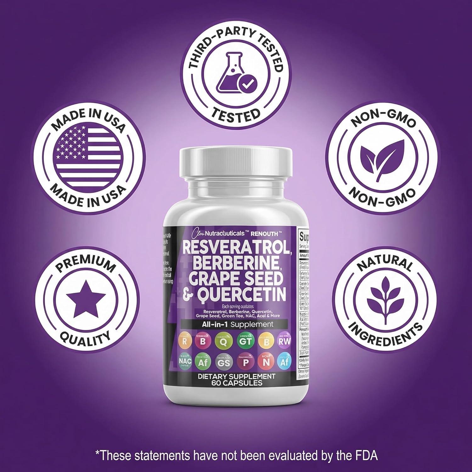 image:imageClean Resveratrol Supplement Berberine Grape Seed Extract Quercetin Green Tea Extract Acai Noni Polyphenol Supplement for Women amp Men NAcetyl Cysteine60 Count Pack of 1