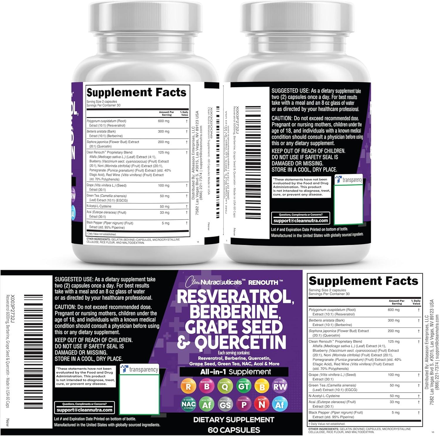 image:imageClean Resveratrol Supplement Berberine Grape Seed Extract Quercetin Green Tea Extract Acai Noni Polyphenol Supplement for Women amp Men NAcetyl Cysteine60 Count Pack of 1