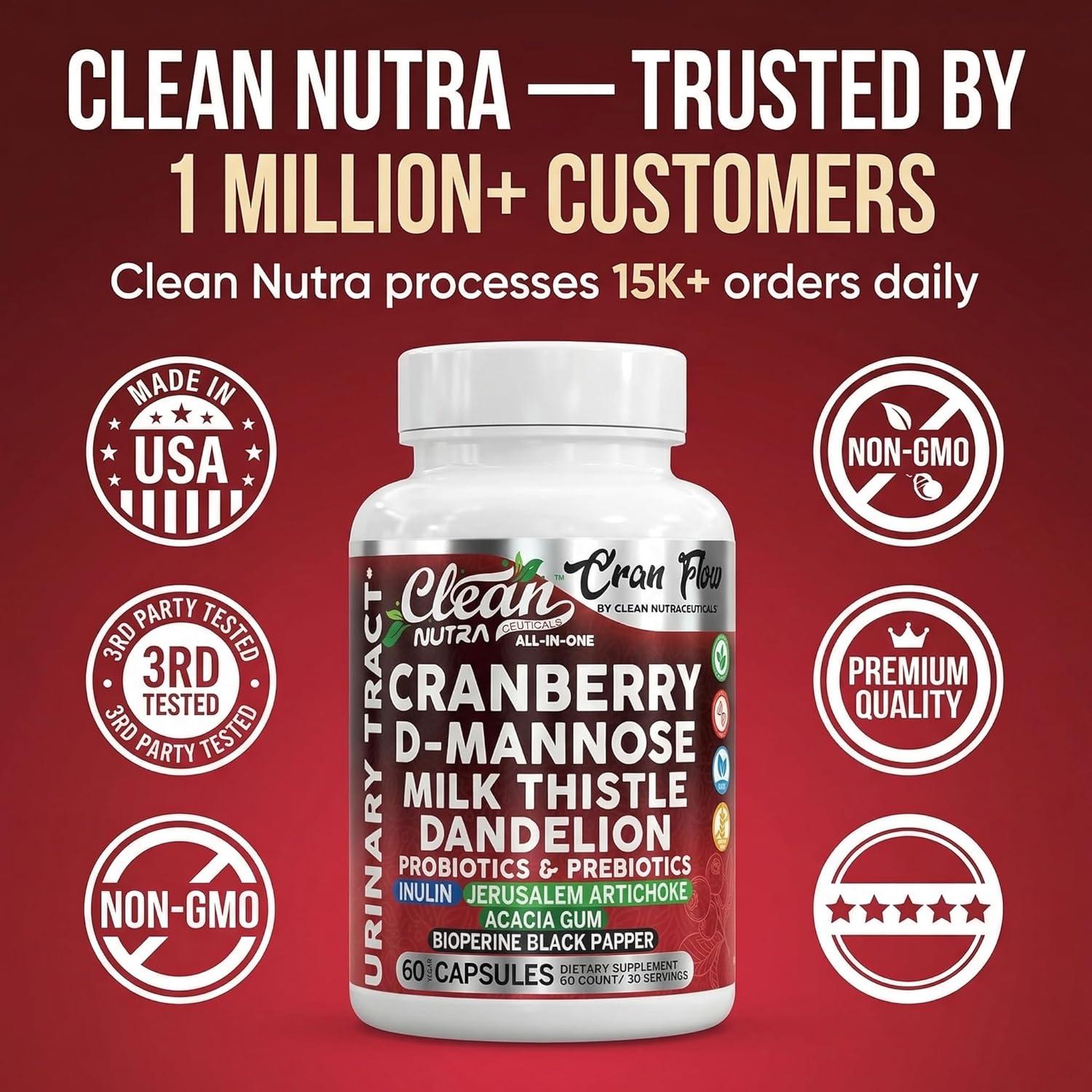 image:imageCran Flow Cranberry Pills for Urinary Health DMannose Milk Thistle Dandelion Inulin Vitamin C Prebiotics and Probiotics Bladder Support By Clean Nutra