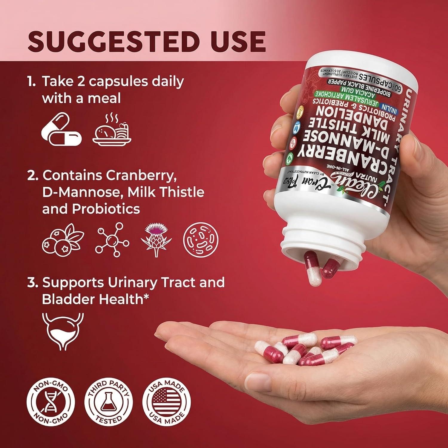 image:imageCran Flow Cranberry Pills for Urinary Health DMannose Milk Thistle Dandelion Inulin Vitamin C Prebiotics and Probiotics Bladder Support By Clean Nutra