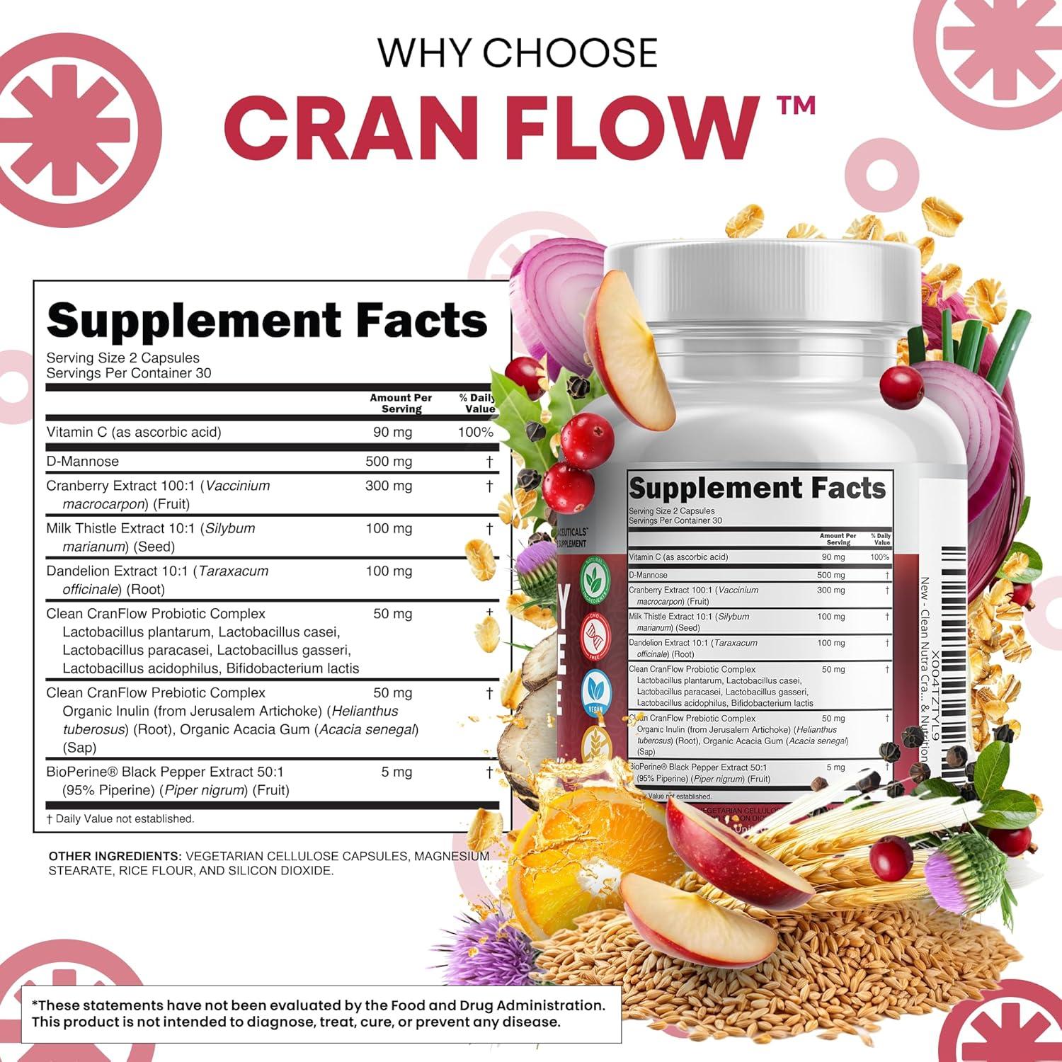 image:imageCran Flow Cranberry Pills for Urinary Health DMannose Milk Thistle Dandelion Inulin Vitamin C Prebiotics and Probiotics Bladder Support By Clean Nutra