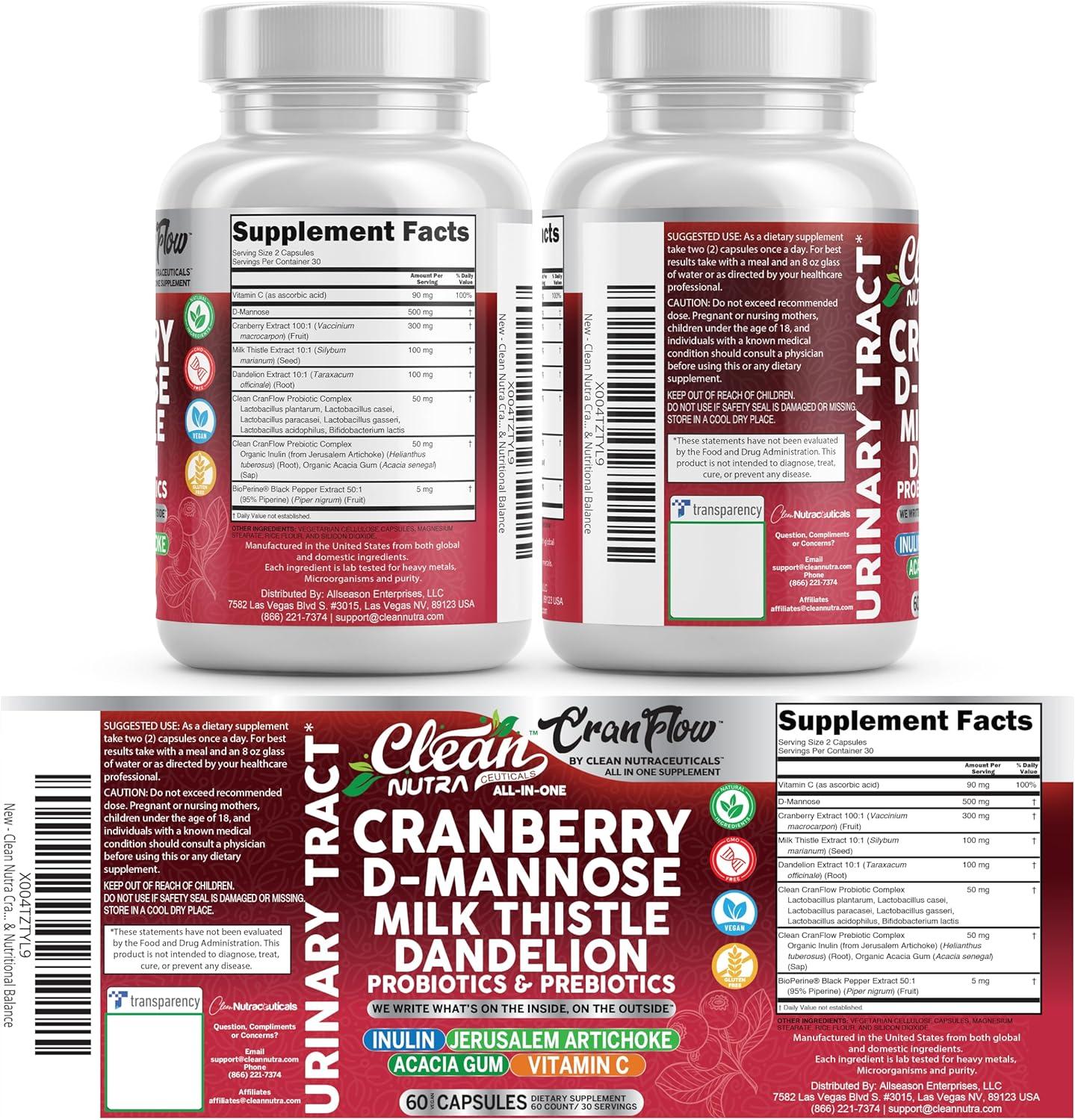 image:imageCran Flow Cranberry Pills for Urinary Health DMannose Milk Thistle Dandelion Inulin Vitamin C Prebiotics and Probiotics Bladder Support By Clean Nutra
