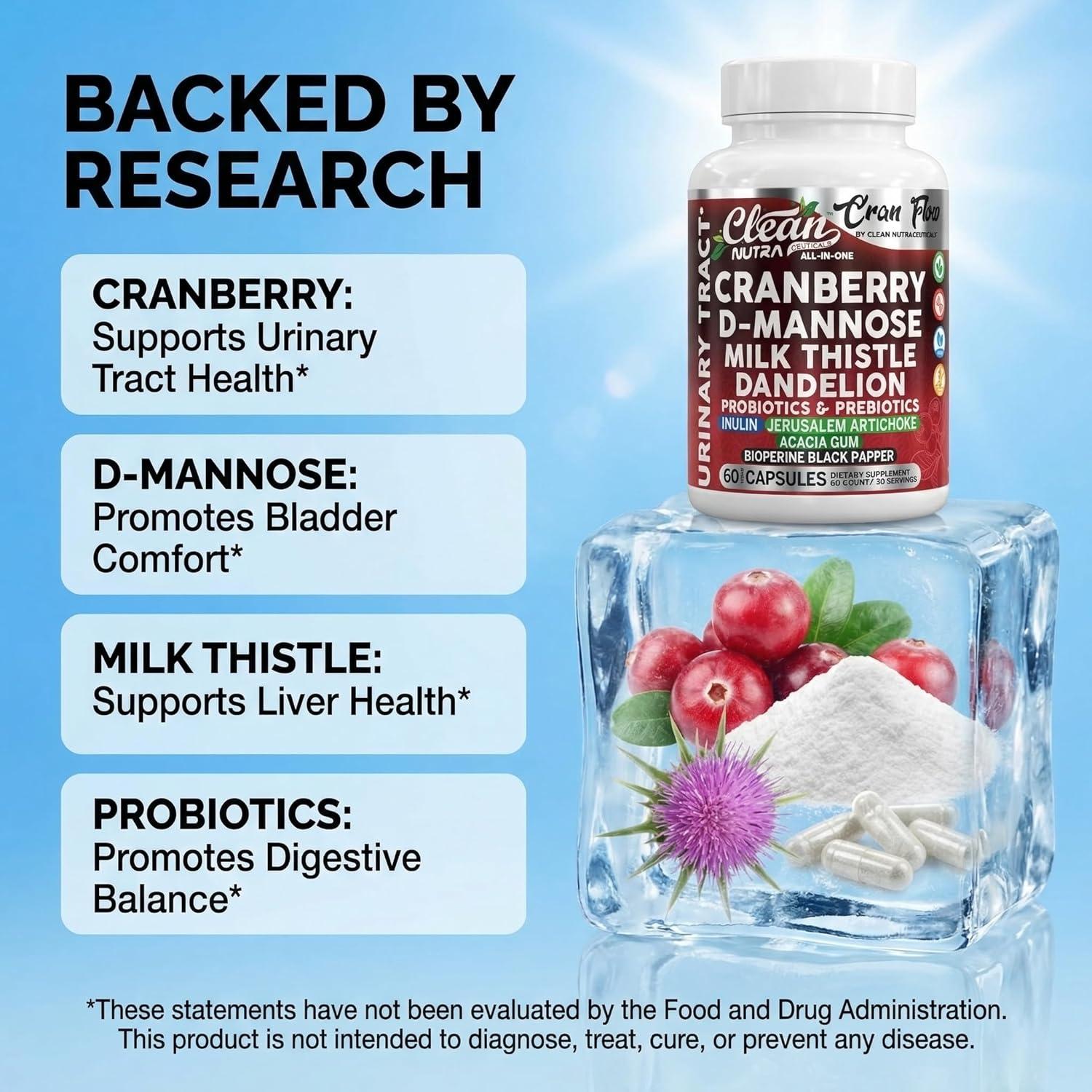 image:imageCran Flow Cranberry Pills for Urinary Health DMannose Milk Thistle Dandelion Inulin Vitamin C Prebiotics and Probiotics Bladder Support By Clean Nutra