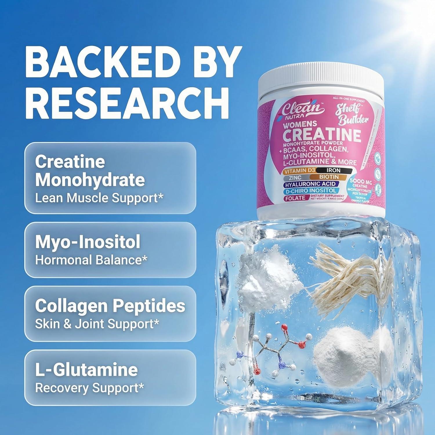 image:imageCreatine for Women Creatine Monohydrate BCAA Powder MyoInositol Collagen Biotin Hyaluronic Acid Folate L Glutamine Vitamin D3 Iron Zinc DChiroMaca Digestion Shelf Builder By Clean Nutra1