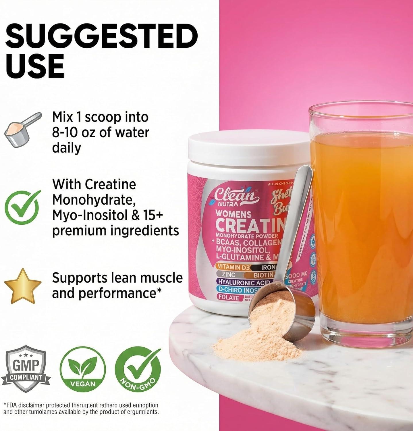 image:imageCreatine for Women Creatine Monohydrate BCAA Powder MyoInositol Collagen Biotin Hyaluronic Acid Folate L Glutamine Vitamin D3 Iron Zinc DChiroMaca Digestion Shelf Builder By Clean Nutra1