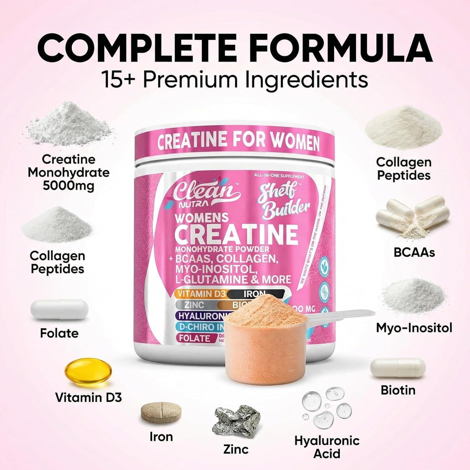 image:imageCreatine for Women Creatine Monohydrate BCAA Powder MyoInositol Collagen Biotin Hyaluronic Acid Folate L Glutamine Vitamin D3 Iron Zinc DChiroMaca Digestion Shelf Builder By Clean Nutra1