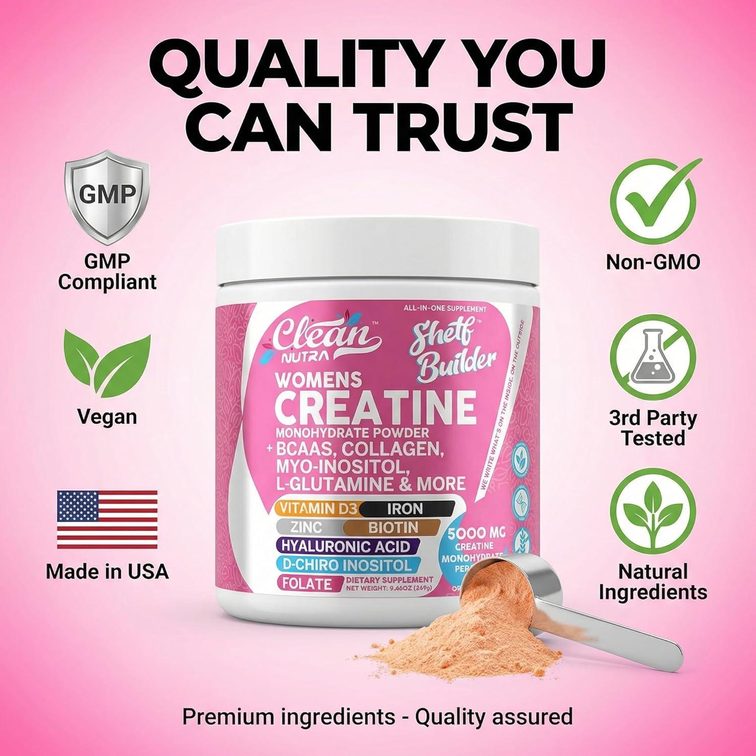 image:imageCreatine for Women Creatine Monohydrate BCAA Powder MyoInositol Collagen Biotin Hyaluronic Acid Folate L Glutamine Vitamin D3 Iron Zinc DChiroMaca Digestion Shelf Builder By Clean Nutra1