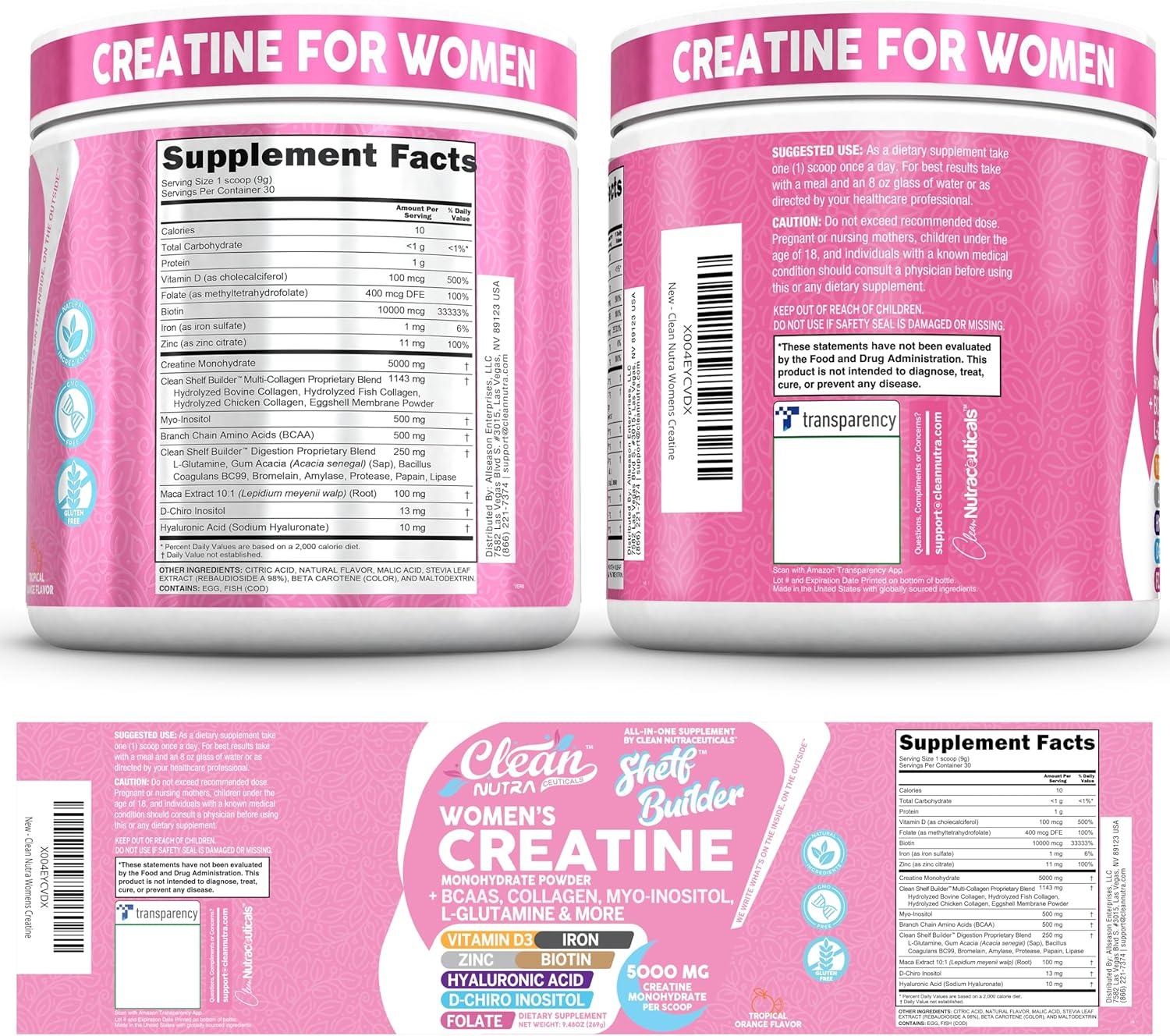 image:imageCreatine for Women Creatine Monohydrate BCAA Powder MyoInositol Collagen Biotin Hyaluronic Acid Folate L Glutamine Vitamin D3 Iron Zinc DChiroMaca Digestion Shelf Builder By Clean Nutra1