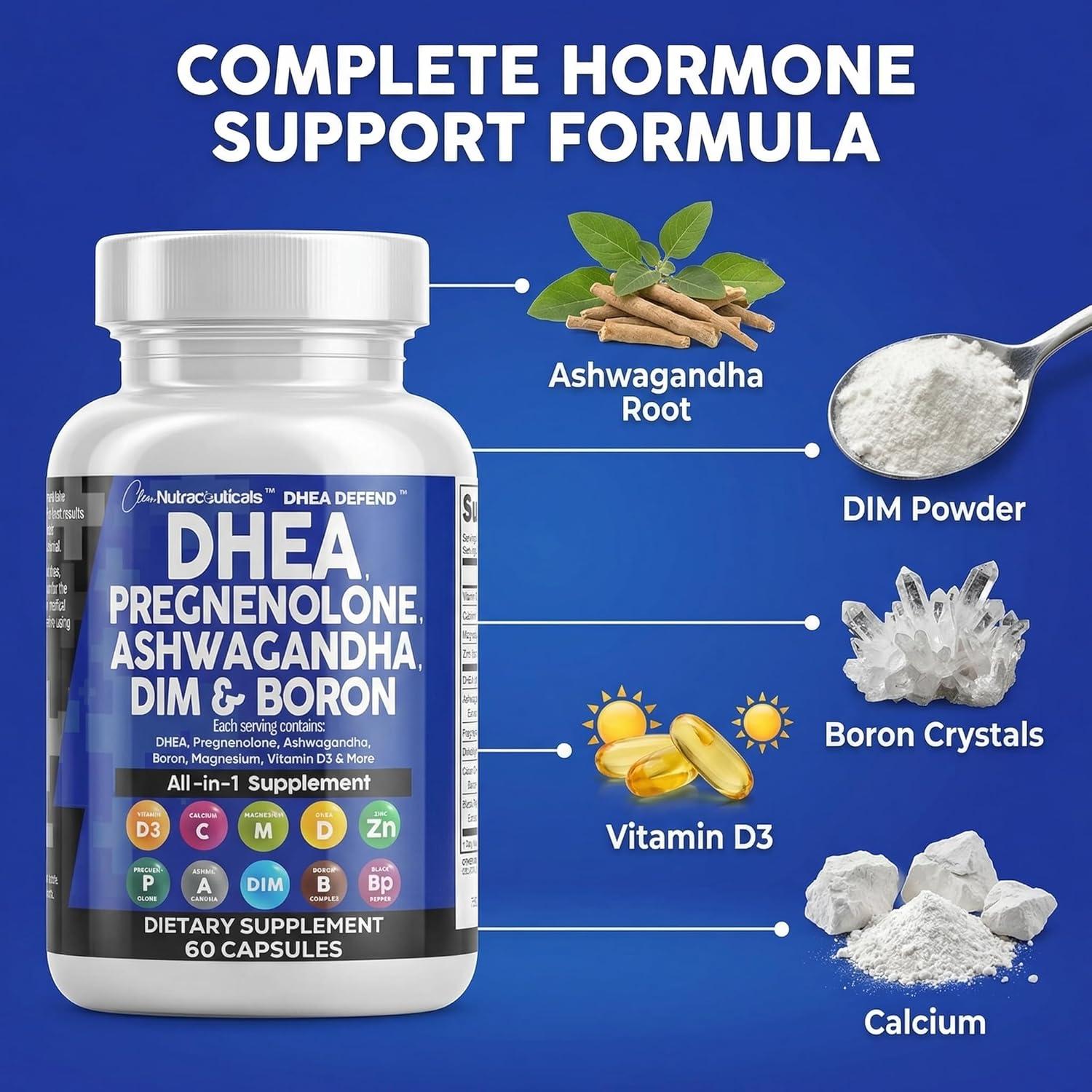 image:imageDHEA 200mg Supplement Pregnenolone 100mg for Men amp Women with DIM Ashwagandha Boron 6mg Complex Calcium Magnesium Zinc 50mg Vitamin D3 5000 IU Hormone Support Capsules Pills Made in USA 60 Count