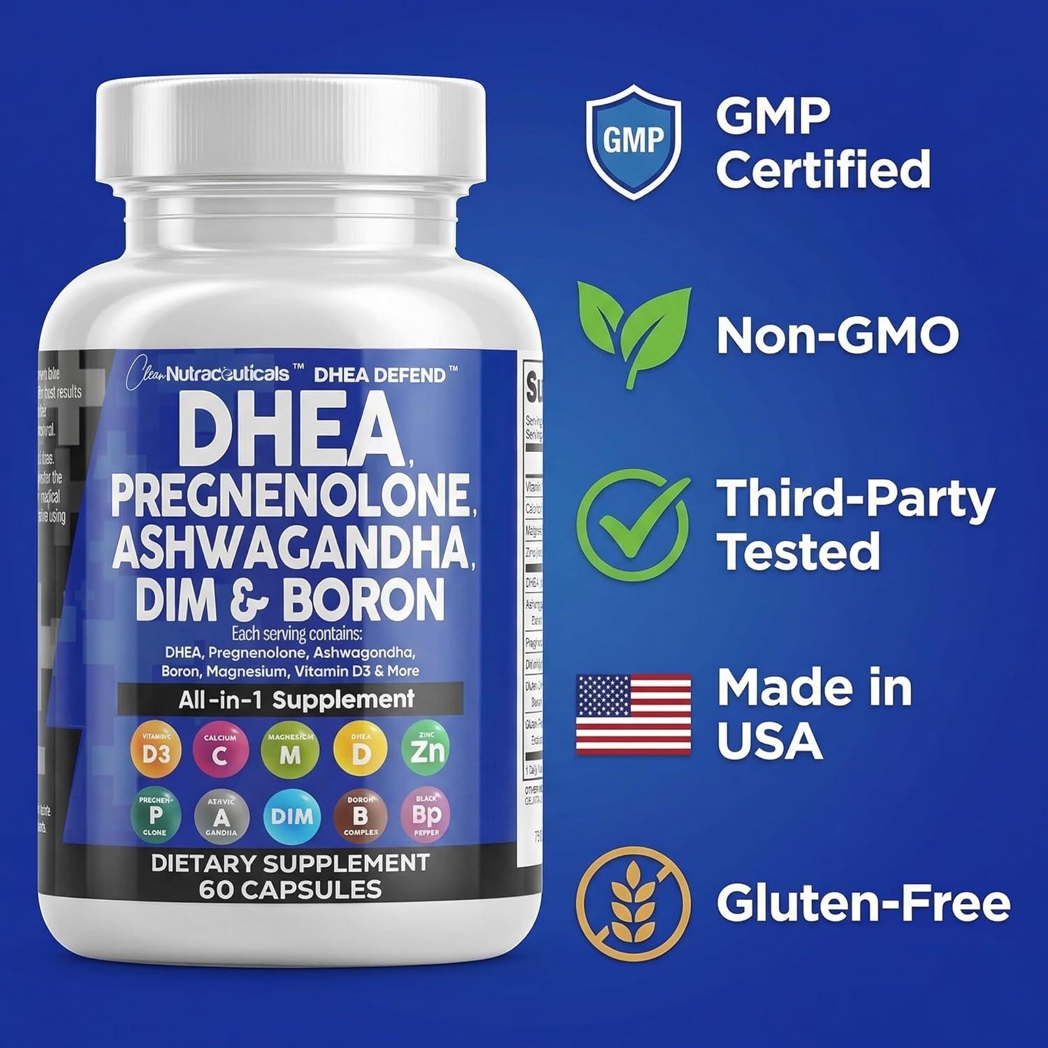 image:imageDHEA 200mg Supplement Pregnenolone 100mg for Men amp Women with DIM Ashwagandha Boron 6mg Complex Calcium Magnesium Zinc 50mg Vitamin D3 5000 IU Hormone Support Capsules Pills Made in USA 60 Count