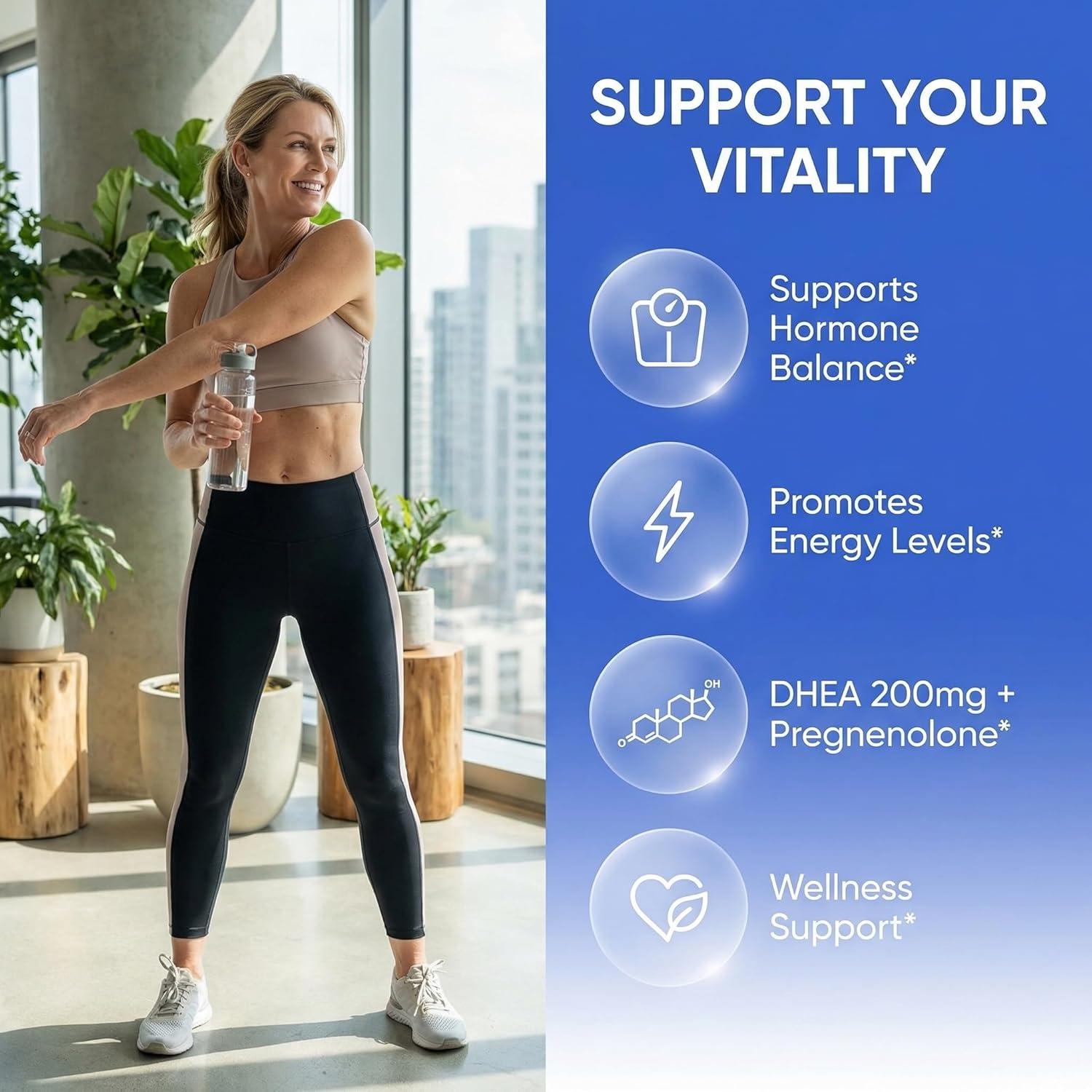 image:imageDHEA 200mg Supplement Pregnenolone 100mg for Men amp Women with DIM Ashwagandha Boron 6mg Complex Calcium Magnesium Zinc 50mg Vitamin D3 5000 IU Hormone Support Capsules Pills Made in USA 60 Count