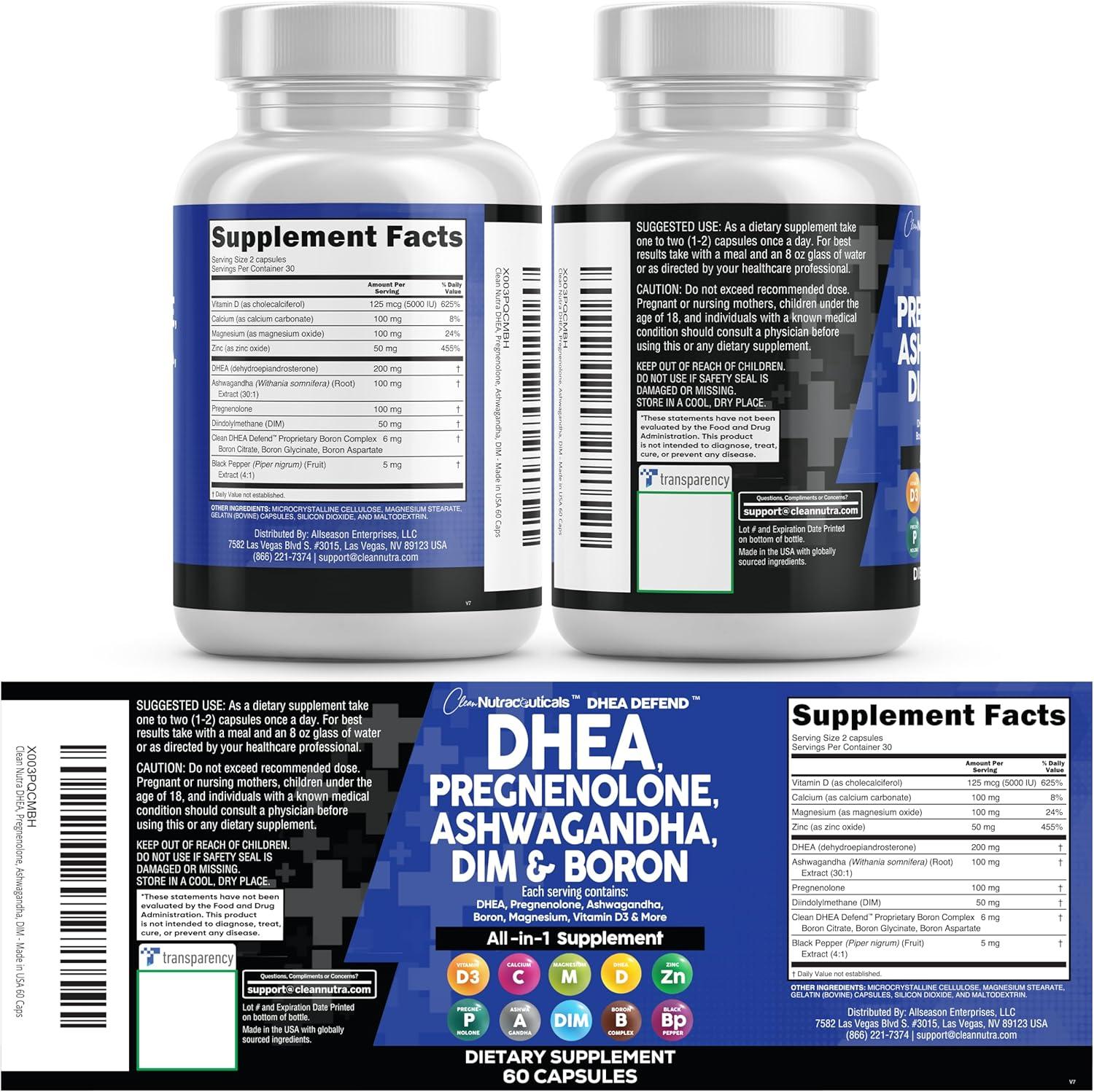 image:imageDHEA 200mg Supplement Pregnenolone 100mg for Men amp Women with DIM Ashwagandha Boron 6mg Complex Calcium Magnesium Zinc 50mg Vitamin D3 5000 IU Hormone Support Capsules Pills Made in USA 60 Count