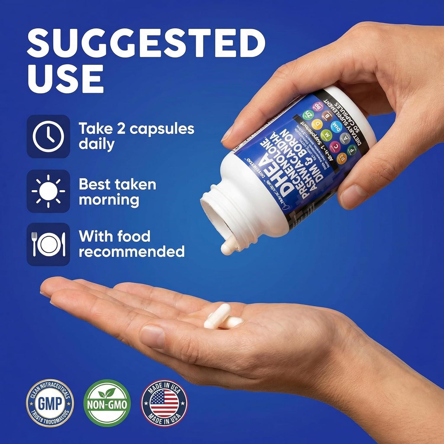 image:imageDHEA 200mg Supplement Pregnenolone 100mg for Men amp Women with DIM Ashwagandha Boron 6mg Complex Calcium Magnesium Zinc 50mg Vitamin D3 5000 IU Hormone Support Capsules Pills Made in USA 60 Count