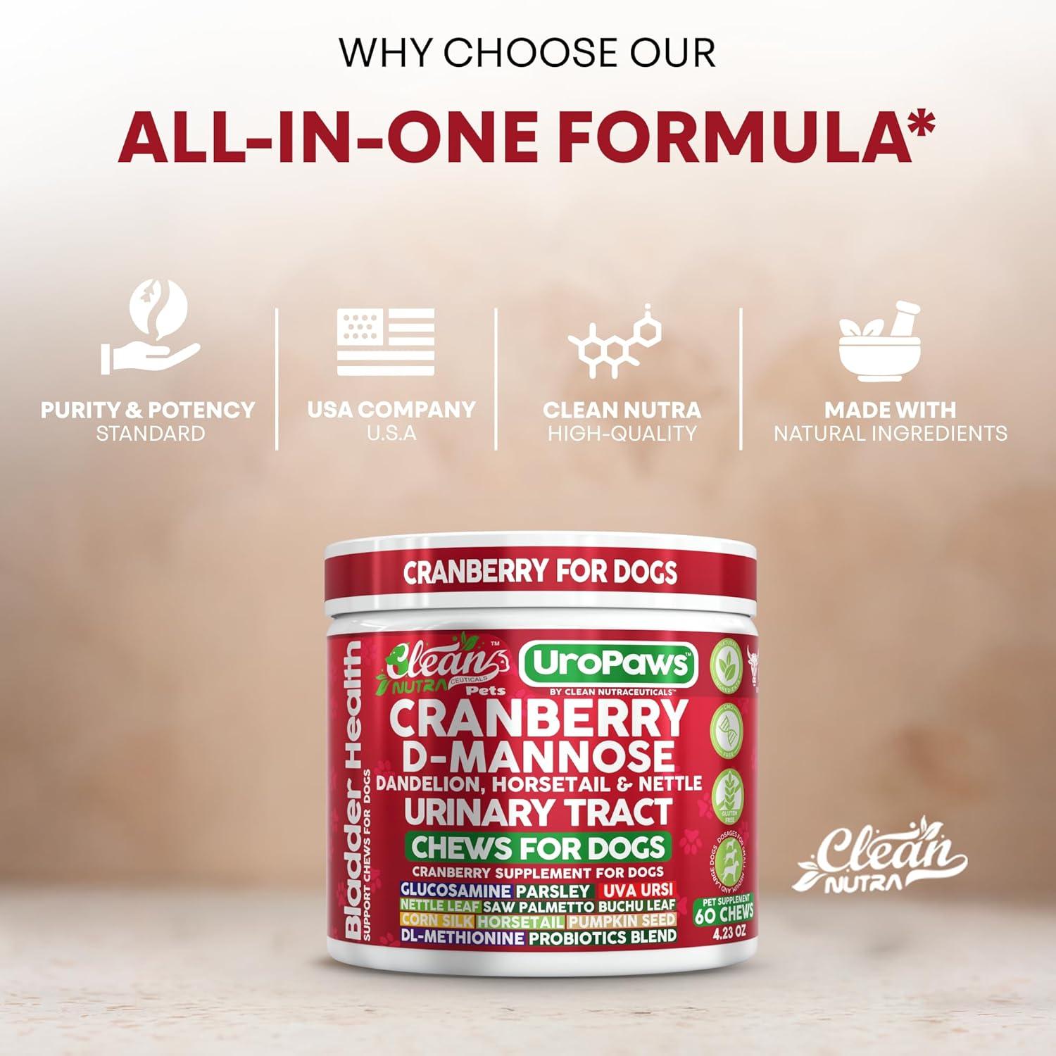 image:imageDog UTI Treatment Cranberry for Dogs Urinary Tract Bladder Control DMannose Dandelion Glucosamine HCL Marshmallow Nettle Leaf Saw Palmetto Uva Ursi Horsetail Beef Flavor by Clean Nutra Pets
