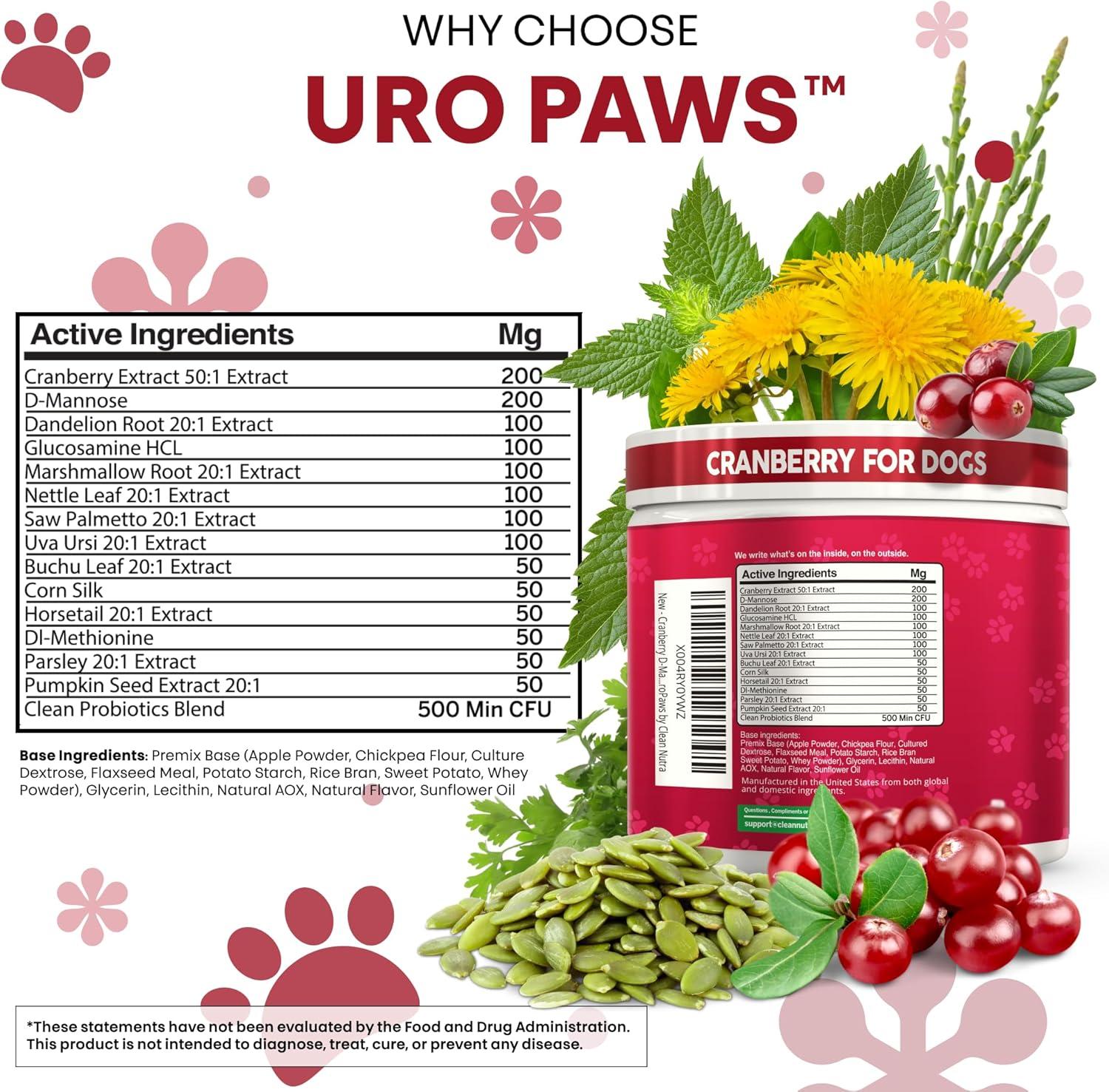 image:imageDog UTI Treatment Cranberry for Dogs Urinary Tract Bladder Control DMannose Dandelion Glucosamine HCL Marshmallow Nettle Leaf Saw Palmetto Uva Ursi Horsetail Beef Flavor by Clean Nutra Pets