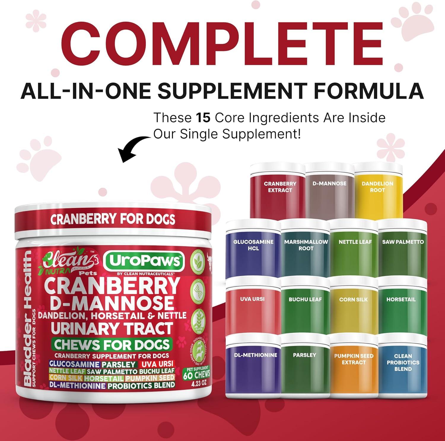image:imageDog UTI Treatment Cranberry for Dogs Urinary Tract Bladder Control DMannose Dandelion Glucosamine HCL Marshmallow Nettle Leaf Saw Palmetto Uva Ursi Horsetail Beef Flavor by Clean Nutra Pets
