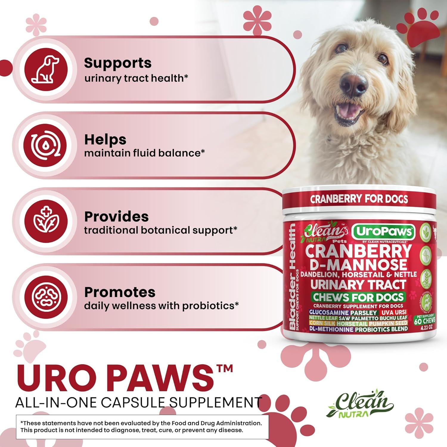image:imageDog UTI Treatment Cranberry for Dogs Urinary Tract Bladder Control DMannose Dandelion Glucosamine HCL Marshmallow Nettle Leaf Saw Palmetto Uva Ursi Horsetail Beef Flavor by Clean Nutra Pets