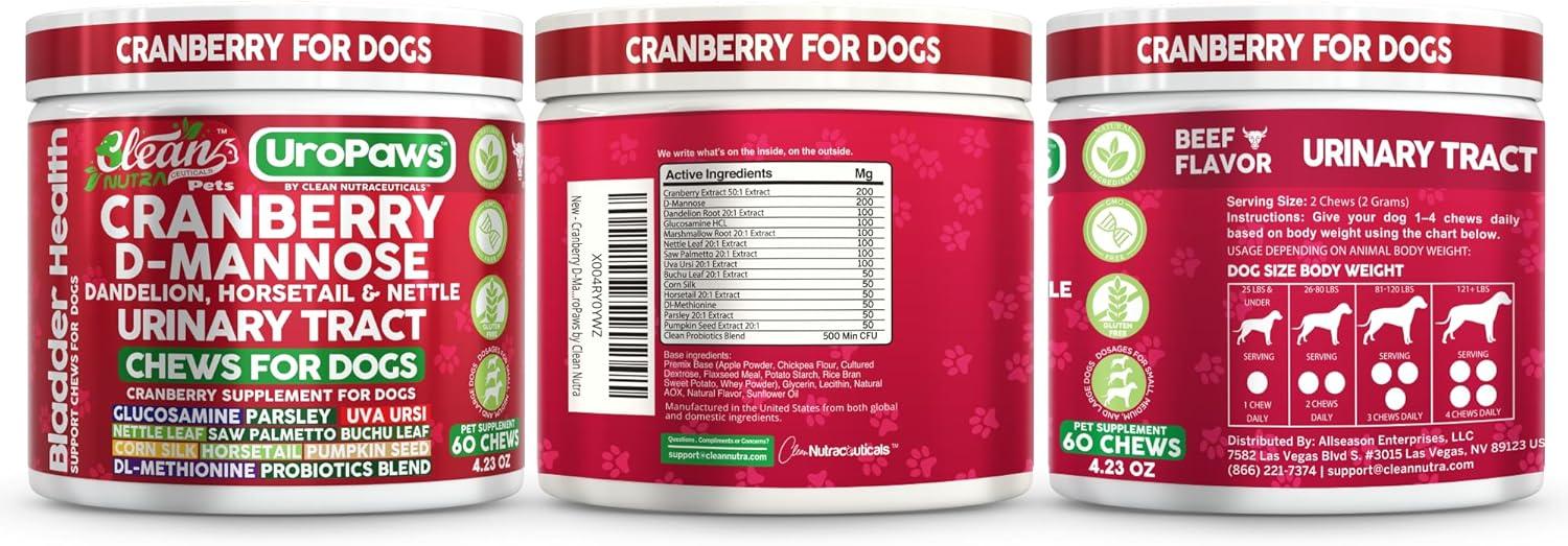 image:imageDog UTI Treatment Cranberry for Dogs Urinary Tract Bladder Control DMannose Dandelion Glucosamine HCL Marshmallow Nettle Leaf Saw Palmetto Uva Ursi Horsetail Beef Flavor by Clean Nutra Pets