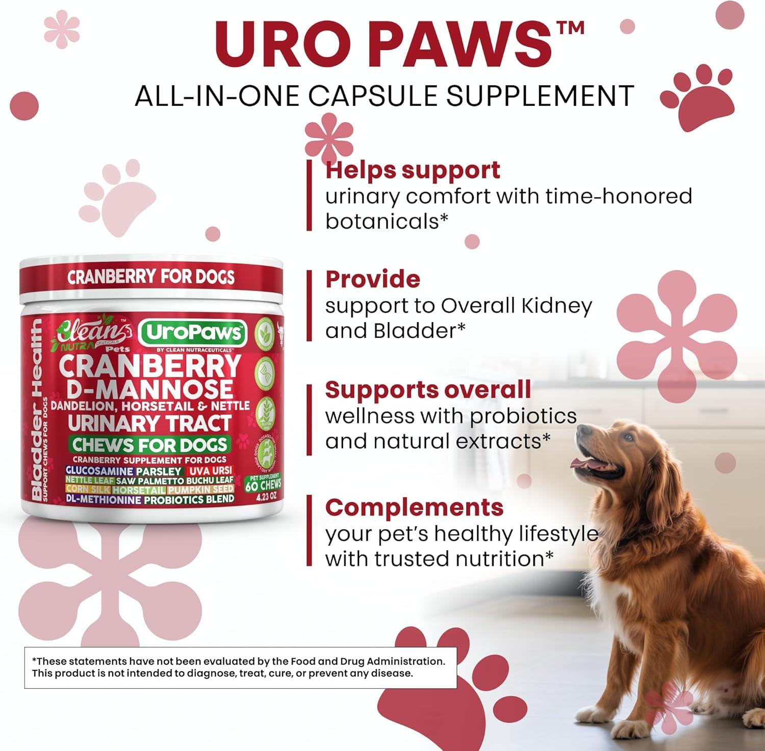 image:imageDog UTI Treatment Cranberry for Dogs Urinary Tract Bladder Control DMannose Dandelion Glucosamine HCL Marshmallow Nettle Leaf Saw Palmetto Uva Ursi Horsetail Beef Flavor by Clean Nutra Pets