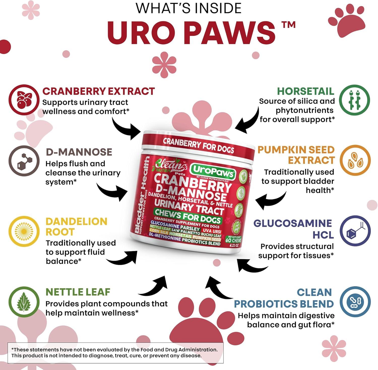 image:imageDog UTI Treatment Cranberry for Dogs Urinary Tract Bladder Control DMannose Dandelion Glucosamine HCL Marshmallow Nettle Leaf Saw Palmetto Uva Ursi Horsetail Beef Flavor by Clean Nutra Pets