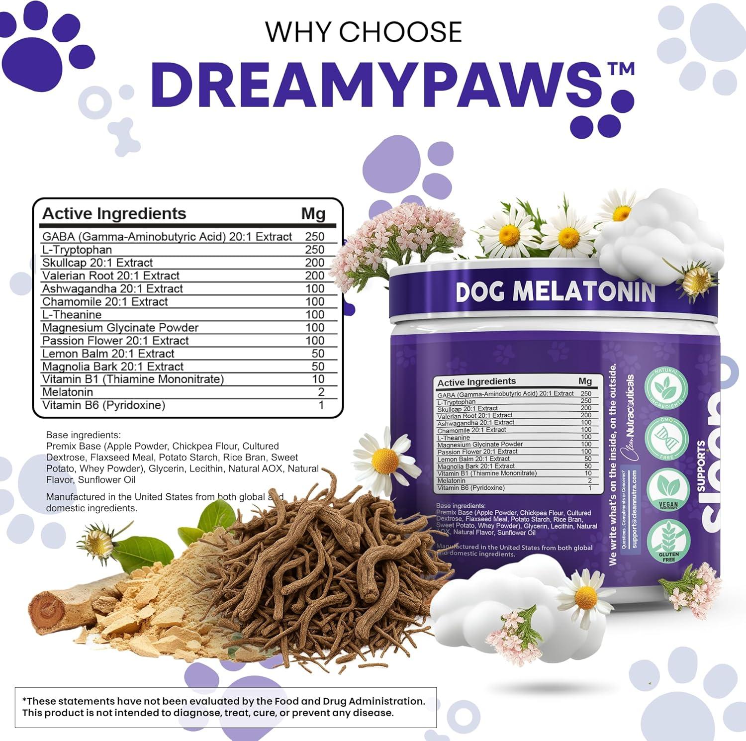 image:imageDreamy Paws Melatonin for Dogs Dog Calming Sleep Supplement Melatonin GABA Tryptophan Valerian Magnolia Bark Passion Flower Magnesium Ashwagandha Restful Sleep 90 Chews Beef Flavor by Clean Pets