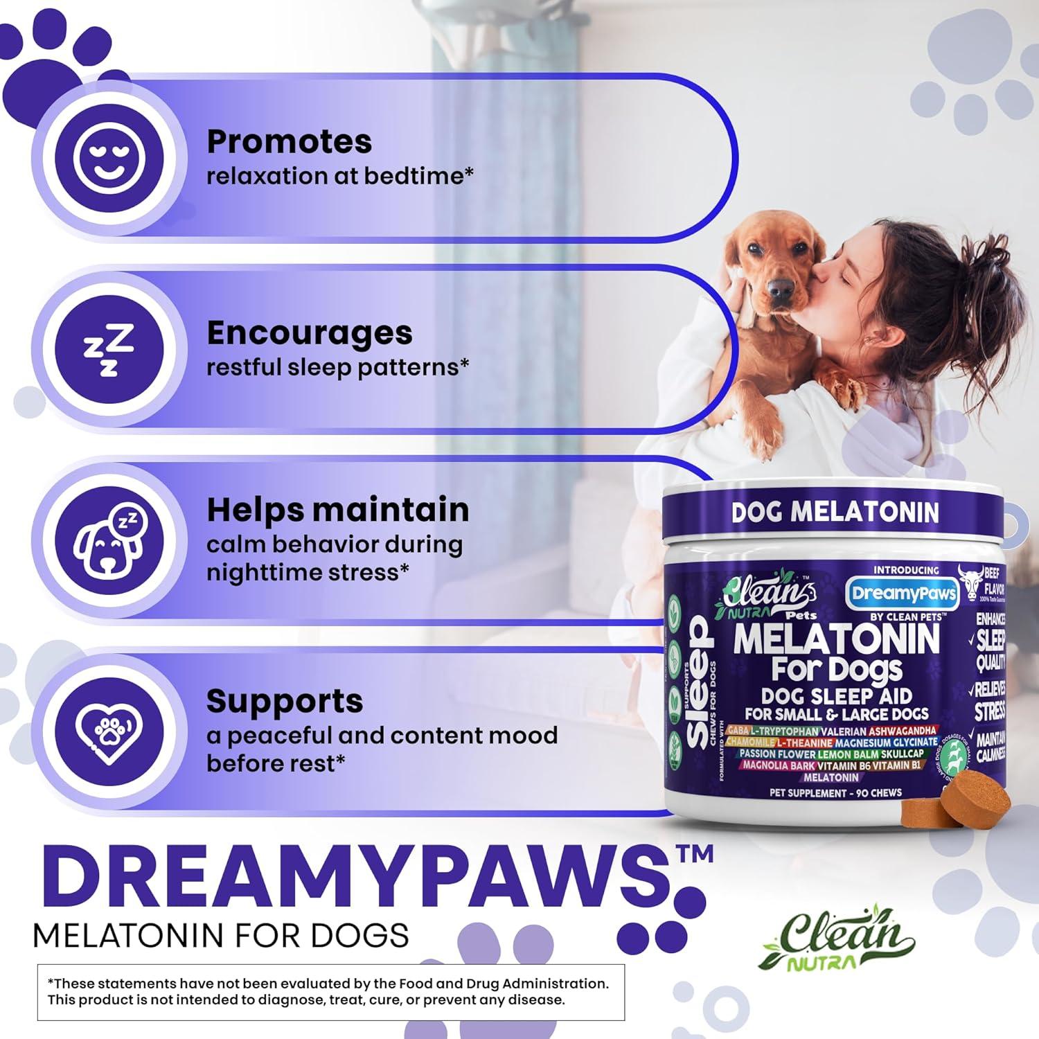 image:imageDreamy Paws Melatonin for Dogs Dog Calming Sleep Supplement Melatonin GABA Tryptophan Valerian Magnolia Bark Passion Flower Magnesium Ashwagandha Restful Sleep 90 Chews Beef Flavor by Clean Pets