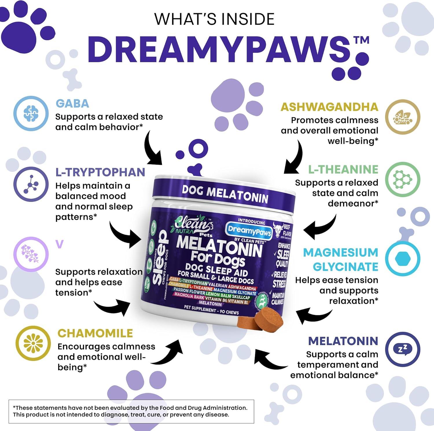 image:imageDreamy Paws Melatonin for Dogs Dog Calming Sleep Supplement Melatonin GABA Tryptophan Valerian Magnolia Bark Passion Flower Magnesium Ashwagandha Restful Sleep 90 Chews Beef Flavor by Clean Pets