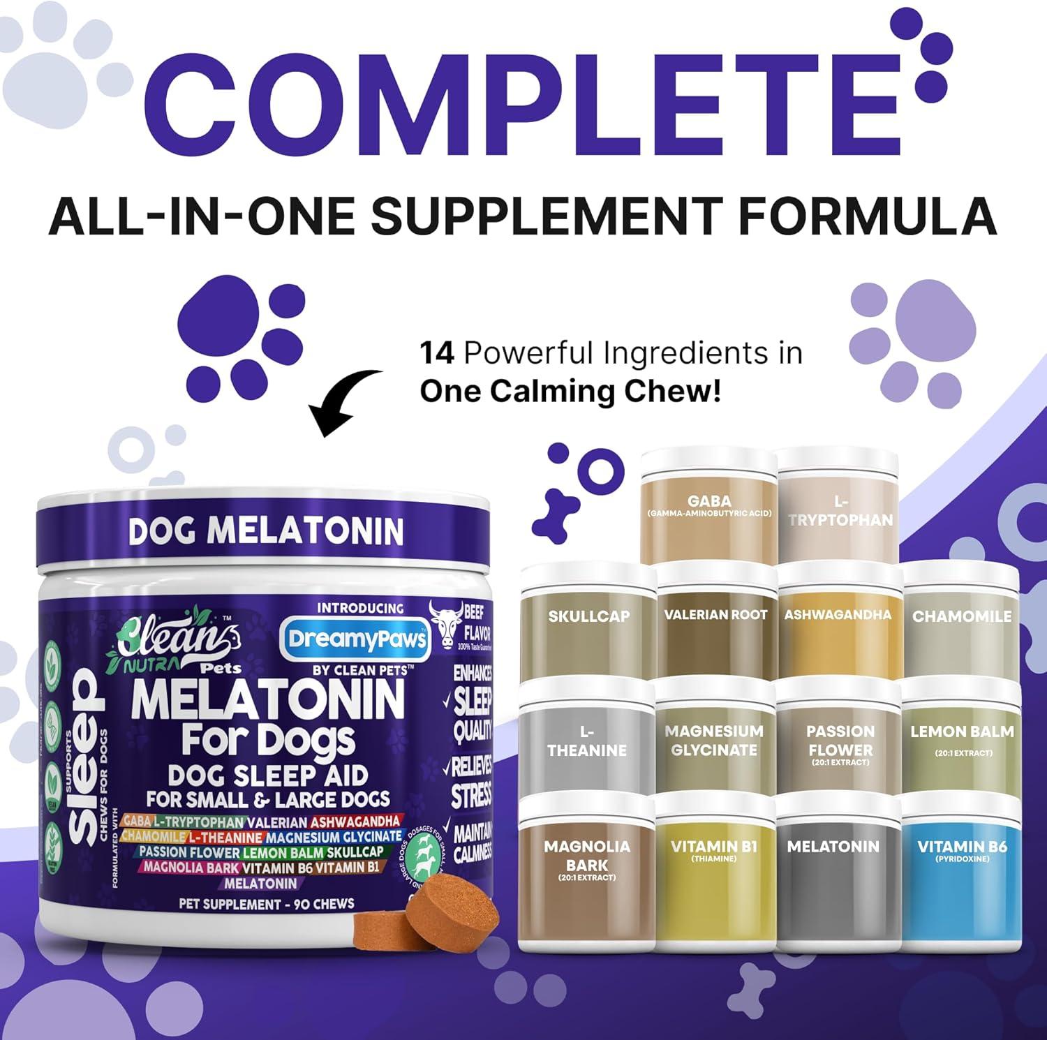 image:imageDreamy Paws Melatonin for Dogs Dog Calming Sleep Supplement Melatonin GABA Tryptophan Valerian Magnolia Bark Passion Flower Magnesium Ashwagandha Restful Sleep 90 Chews Beef Flavor by Clean Pets