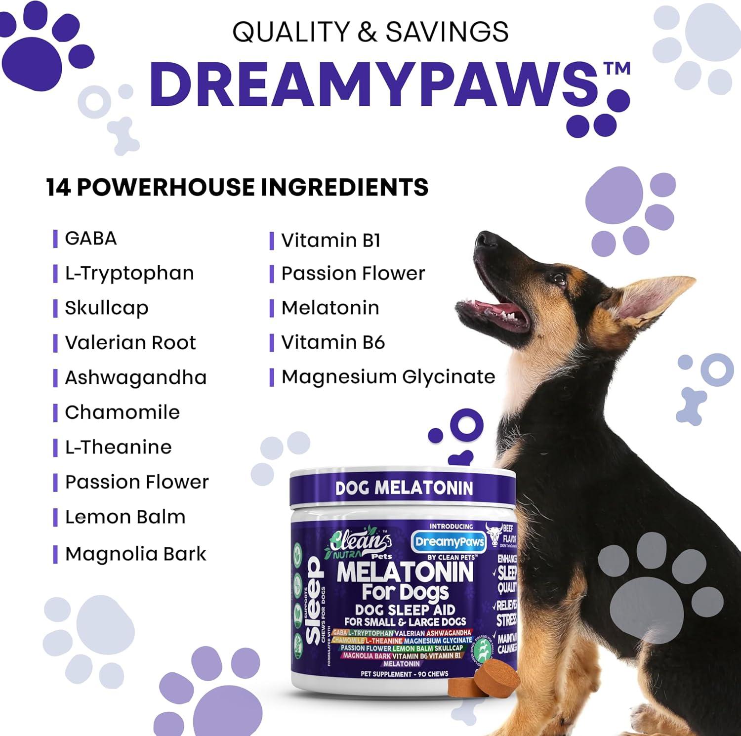 image:imageDreamy Paws Melatonin for Dogs Dog Calming Sleep Supplement Melatonin GABA Tryptophan Valerian Magnolia Bark Passion Flower Magnesium Ashwagandha Restful Sleep 90 Chews Beef Flavor by Clean Pets