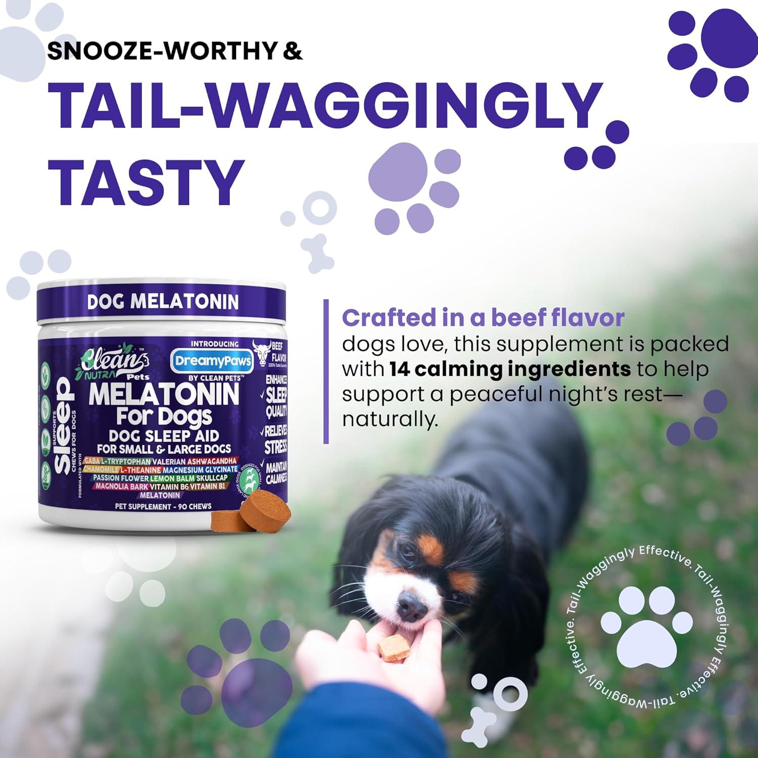 image:imageDreamy Paws Melatonin for Dogs Dog Calming Sleep Supplement Melatonin GABA Tryptophan Valerian Magnolia Bark Passion Flower Magnesium Ashwagandha Restful Sleep 90 Chews Beef Flavor by Clean Pets
