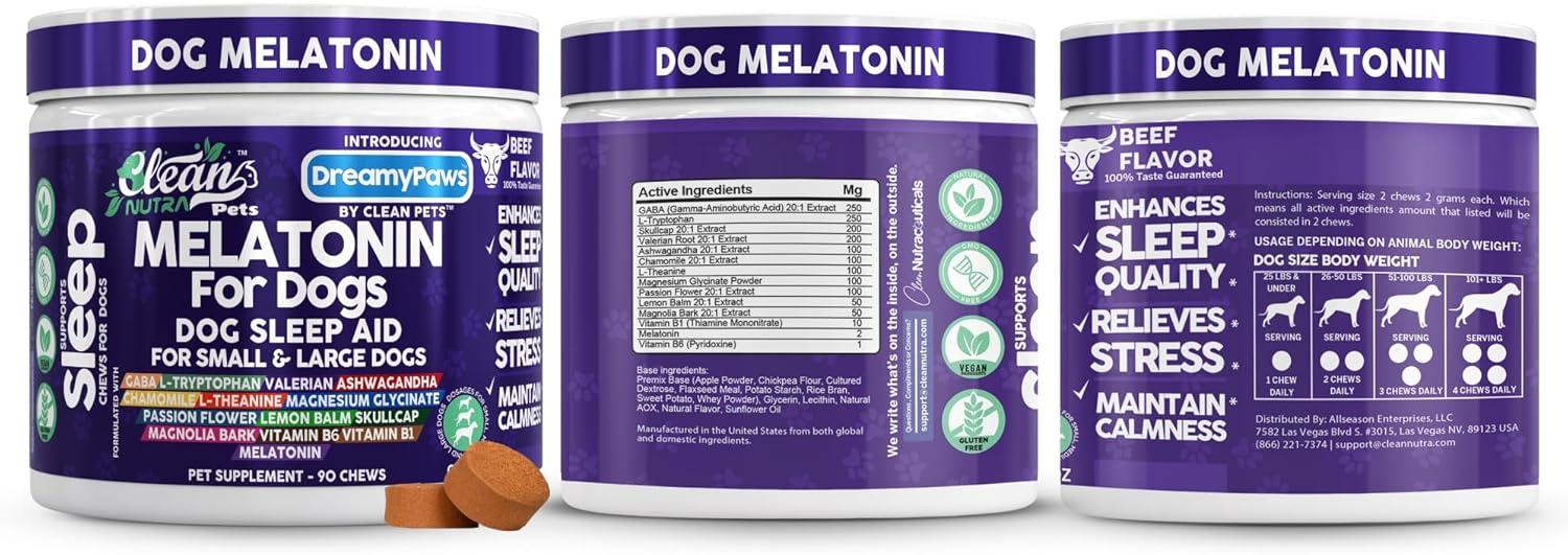 image:imageDreamy Paws Melatonin for Dogs Dog Calming Sleep Supplement Melatonin GABA Tryptophan Valerian Magnolia Bark Passion Flower Magnesium Ashwagandha Restful Sleep 90 Chews Beef Flavor by Clean Pets