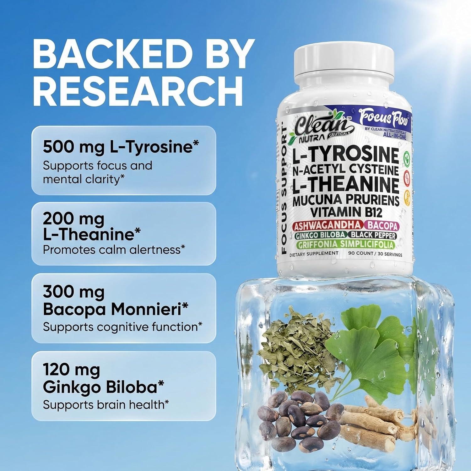 image:imageFocus Flow LTyrosine Vitamin B C D LTheanine Ashwagandha Ginkgo Biloba Vitamin B12 Thiamine Black Pepper NAcetylcysteine Mucuna Pruriens 90 Count Capsules by Clean Nutra