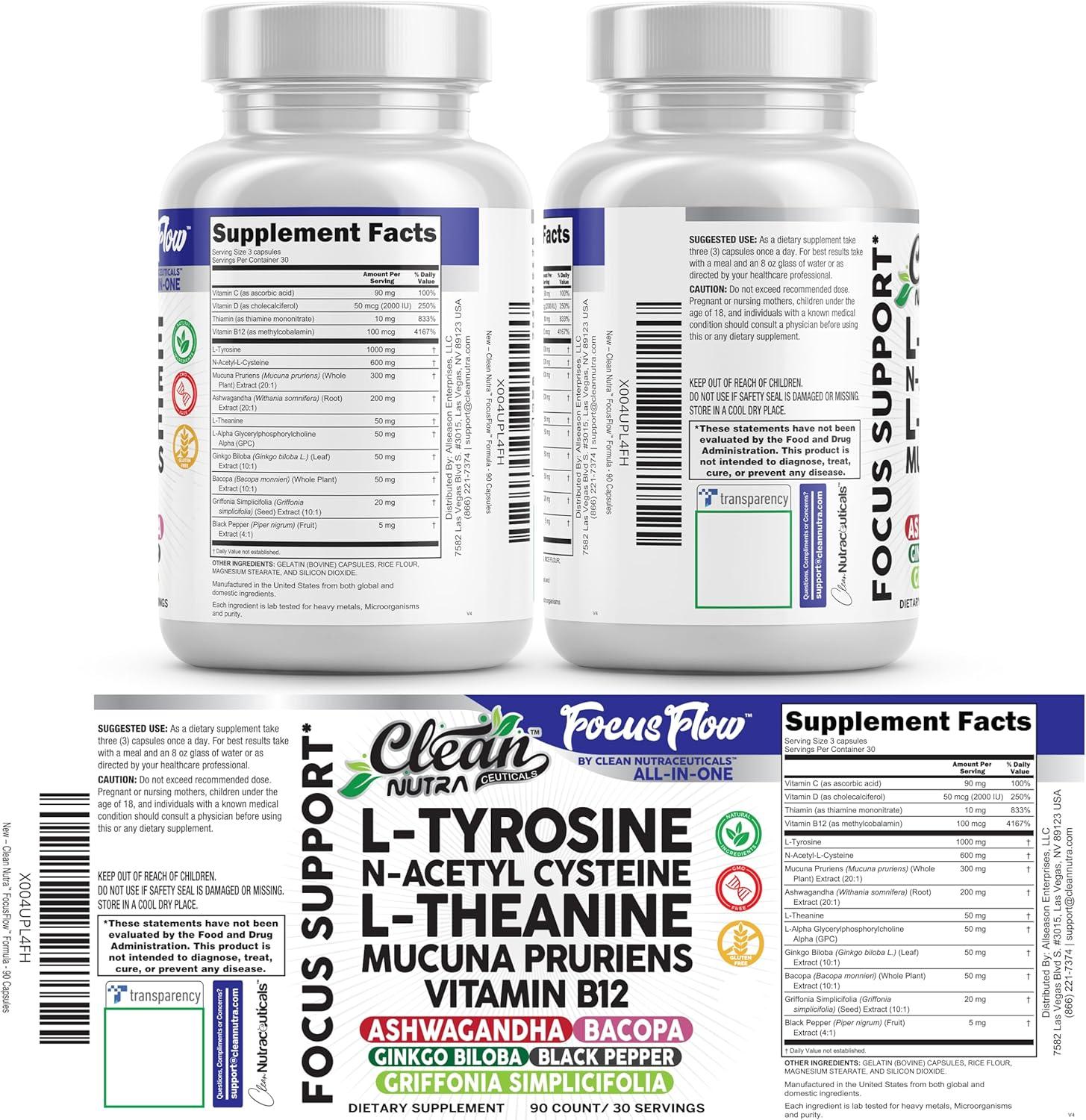 image:imageFocus Flow LTyrosine Vitamin B C D LTheanine Ashwagandha Ginkgo Biloba Vitamin B12 Thiamine Black Pepper NAcetylcysteine Mucuna Pruriens 90 Count Capsules by Clean Nutra