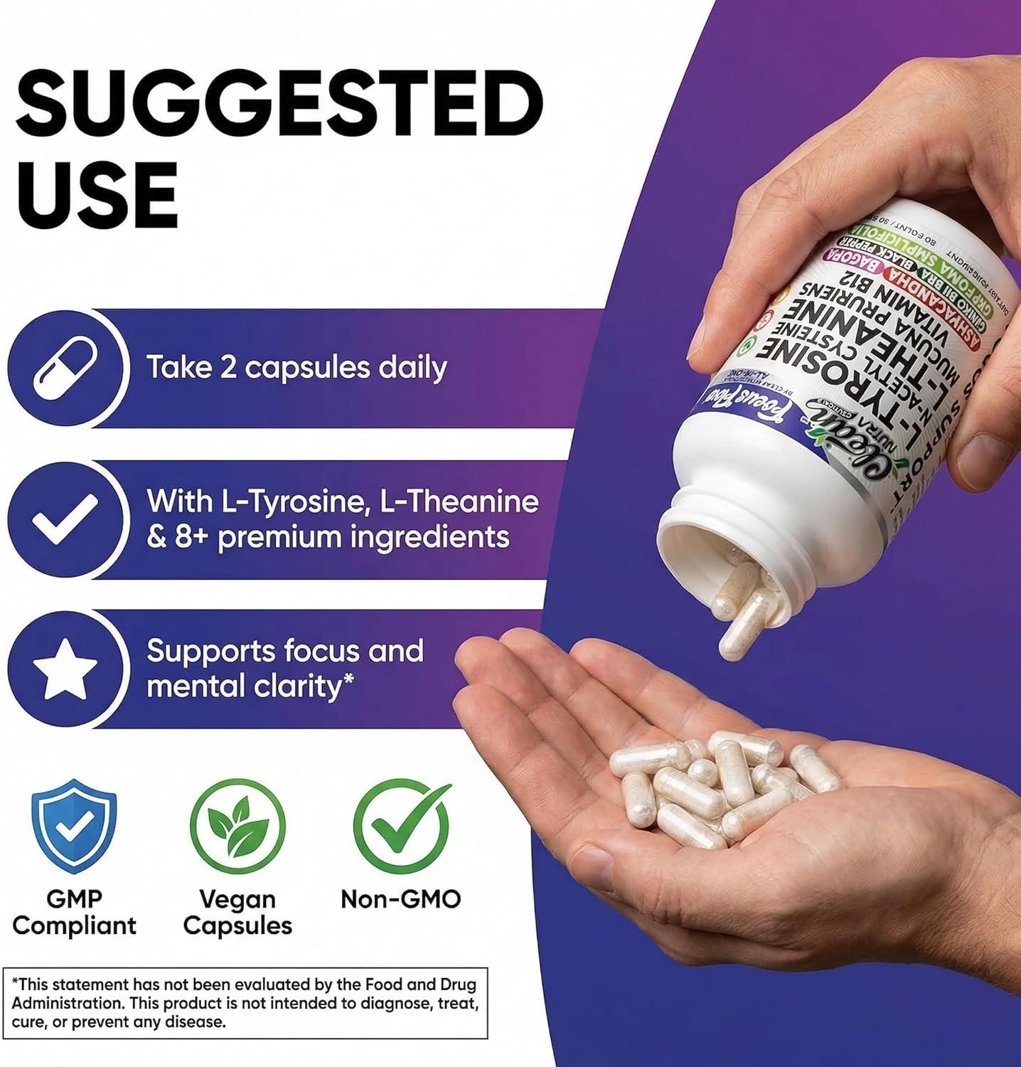 image:imageFocus Flow LTyrosine Vitamin B C D LTheanine Ashwagandha Ginkgo Biloba Vitamin B12 Thiamine Black Pepper NAcetylcysteine Mucuna Pruriens 90 Count Capsules by Clean Nutra